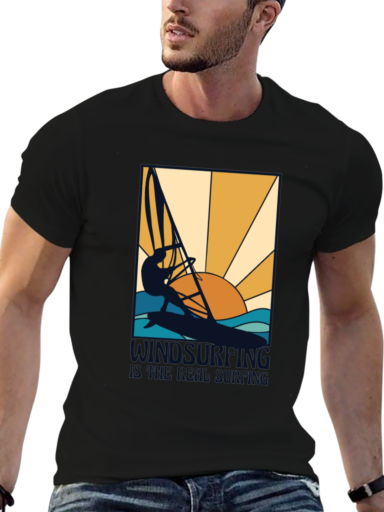 Black Windsurfing is Real Surfing Graphic T-Shirt view 6