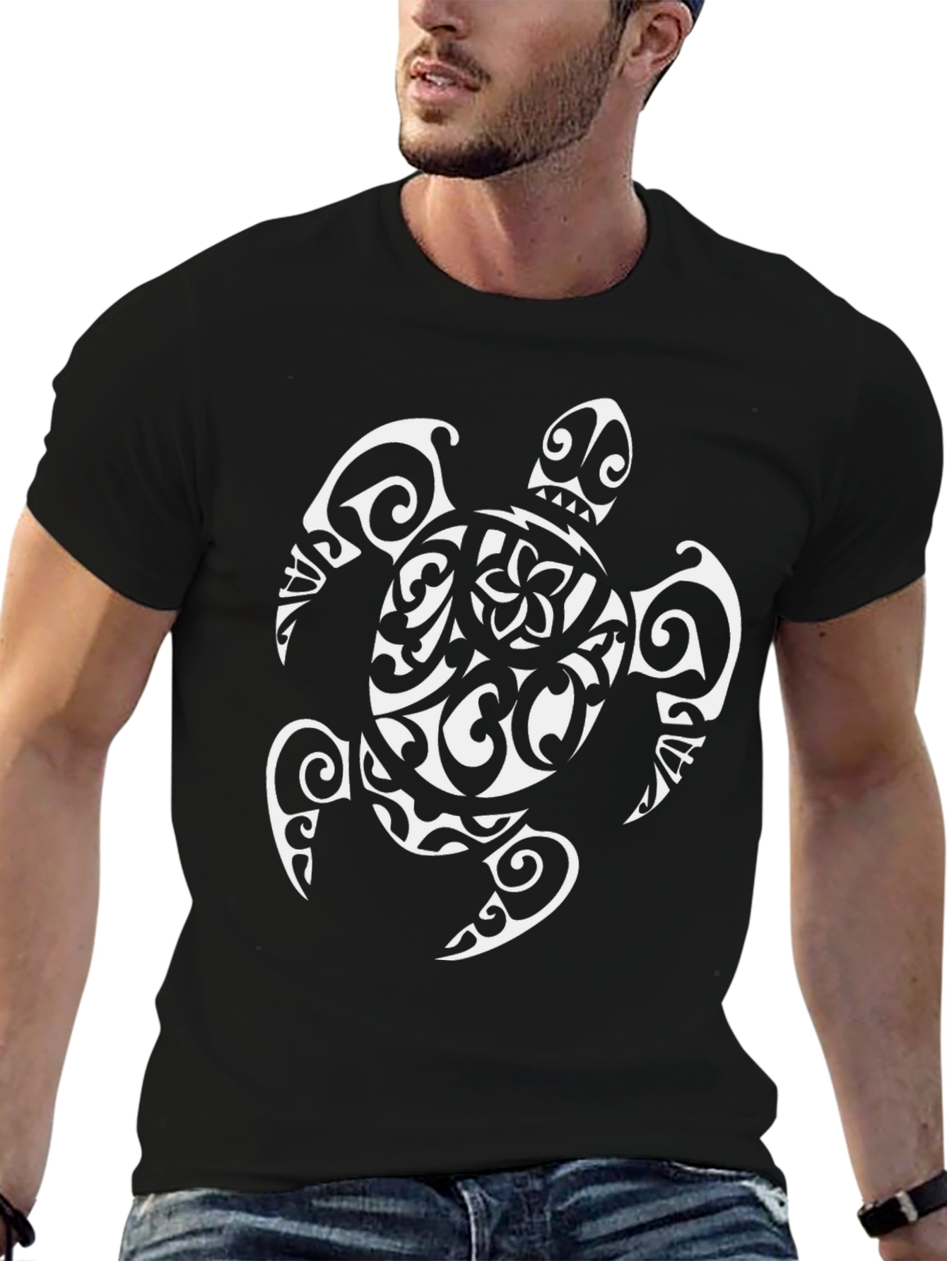 Black Tribal Sea Turtle Graphic Tee - Black view 6