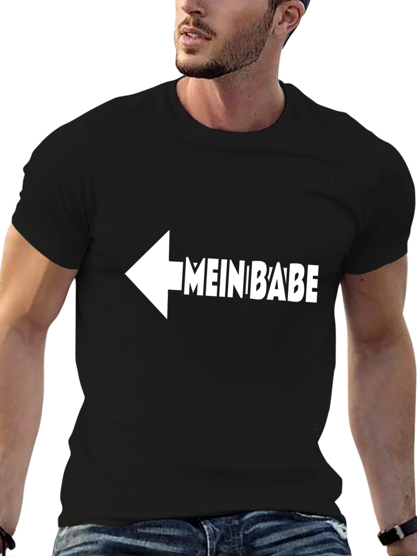 Black Mein Babe T-Shirt - Left Arrow Pointing Design view 6