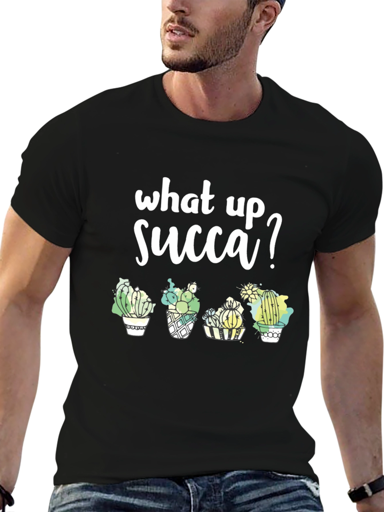 Black What Up Succa? Graphic Tee - Stylish Cactus T-Shirt view 6