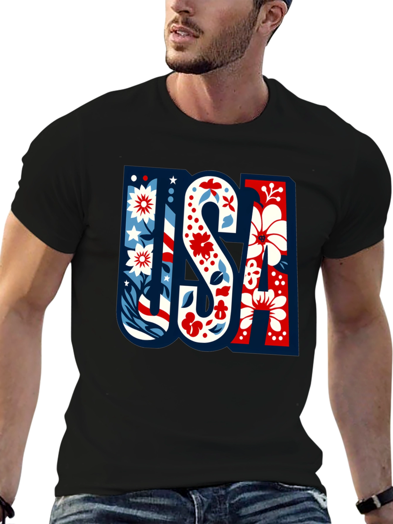 USA Floral Print Men's Black T-Shirt - 6