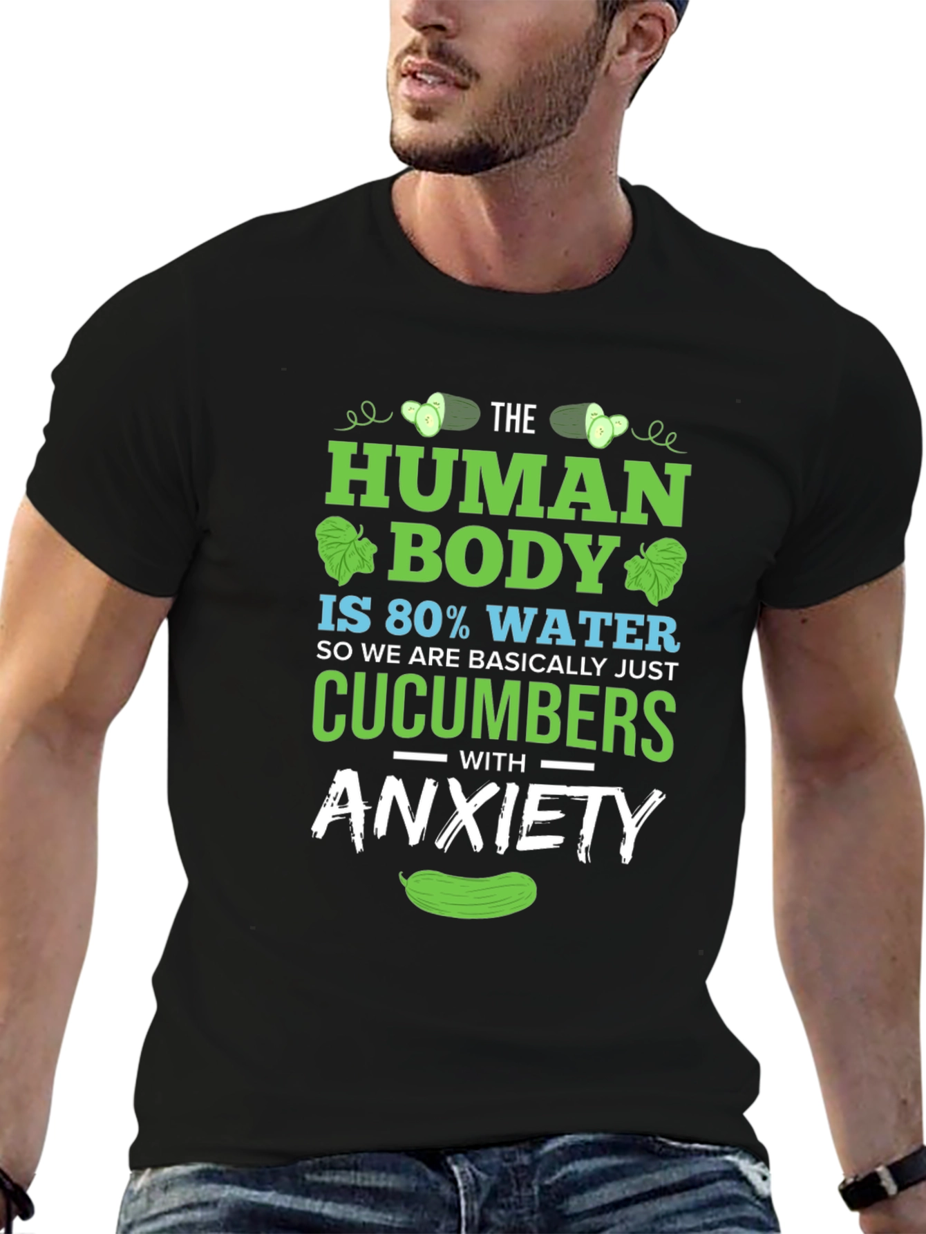 Black Human Body Cucumber Anxiety Funny T-Shirt view 6