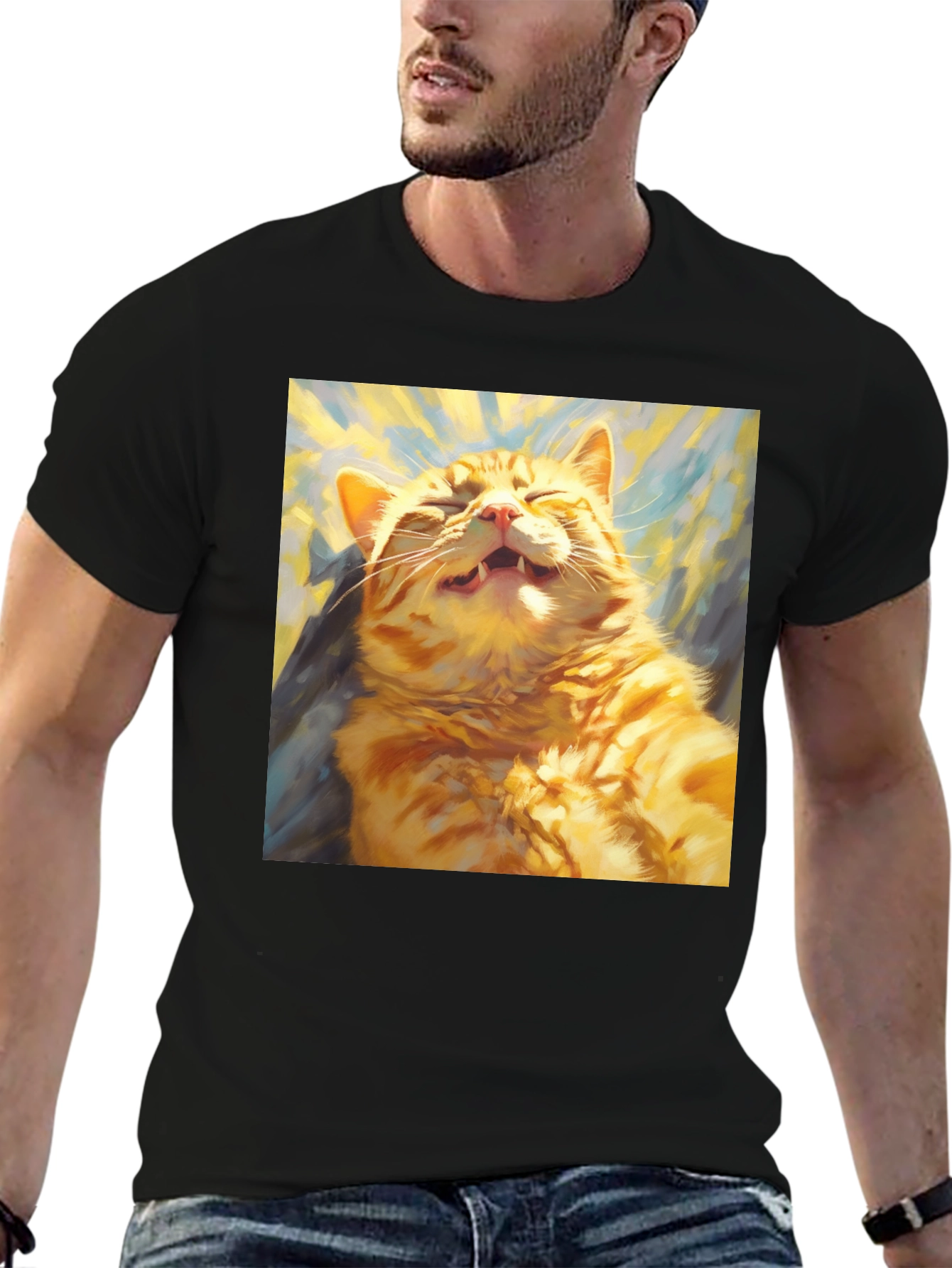 Black Funny Cat Graphic Tee - Soft Cotton Crewneck T-Shirt view 6