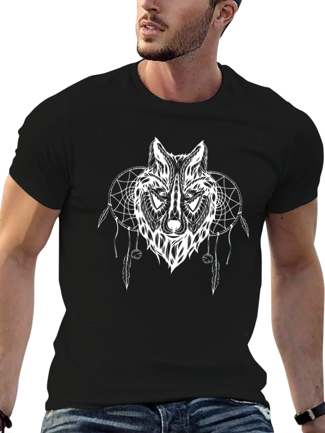 Black Wolf Dreamcatcher Graphic T-Shirt - Stylish Men's Tee view 6