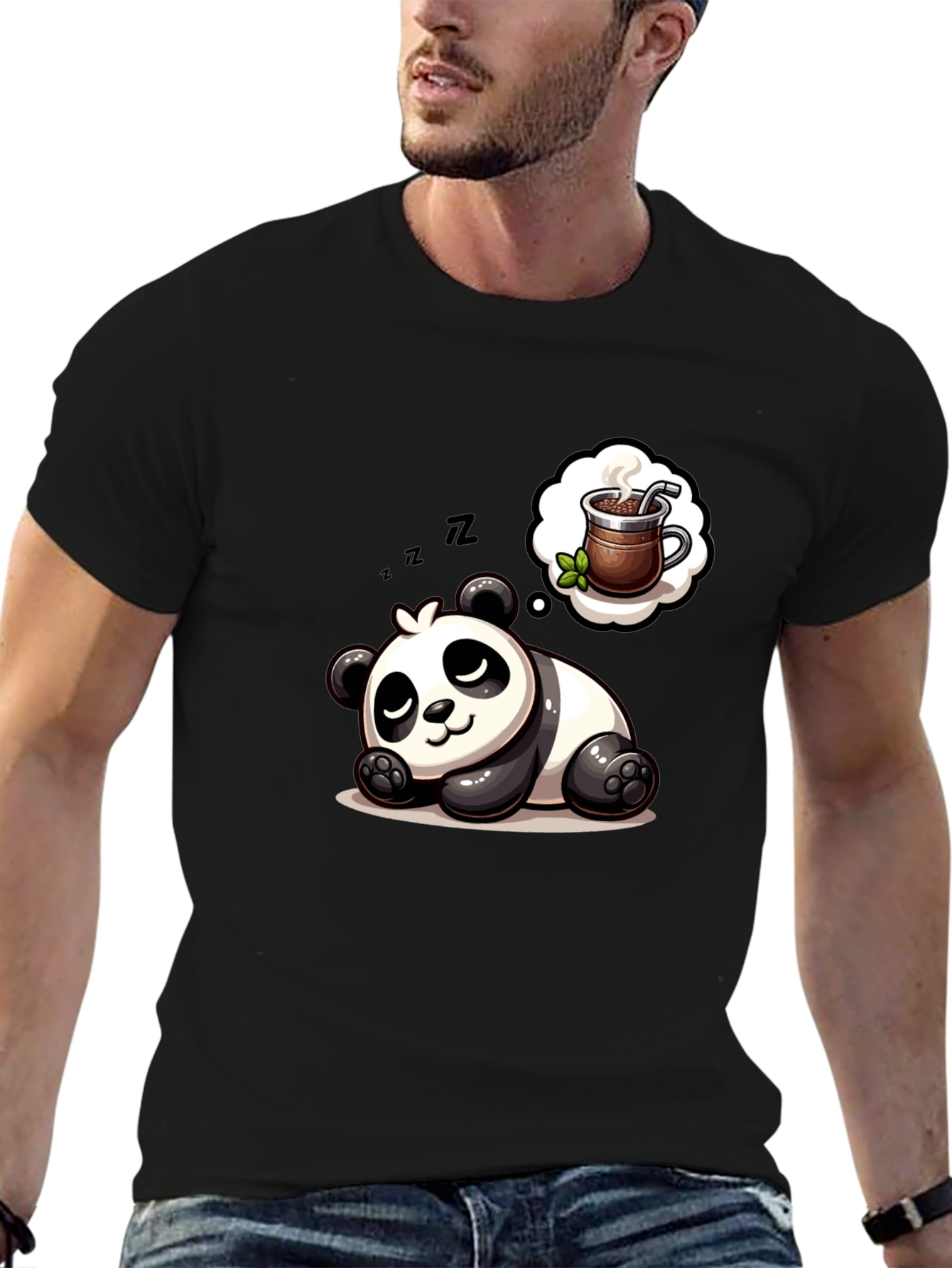 Black Dreamy Panda Coffee T-Shirt - Relaxed & Cute view 6