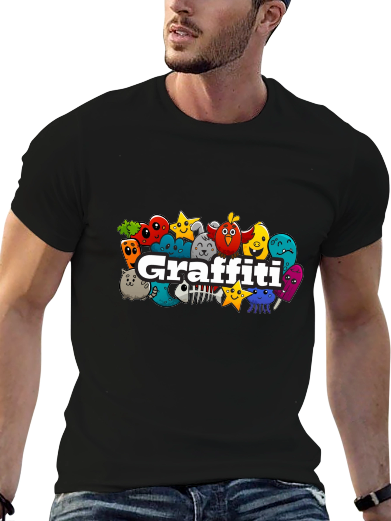 Black Graffiti Cartoon Character Black T-Shirt view 6