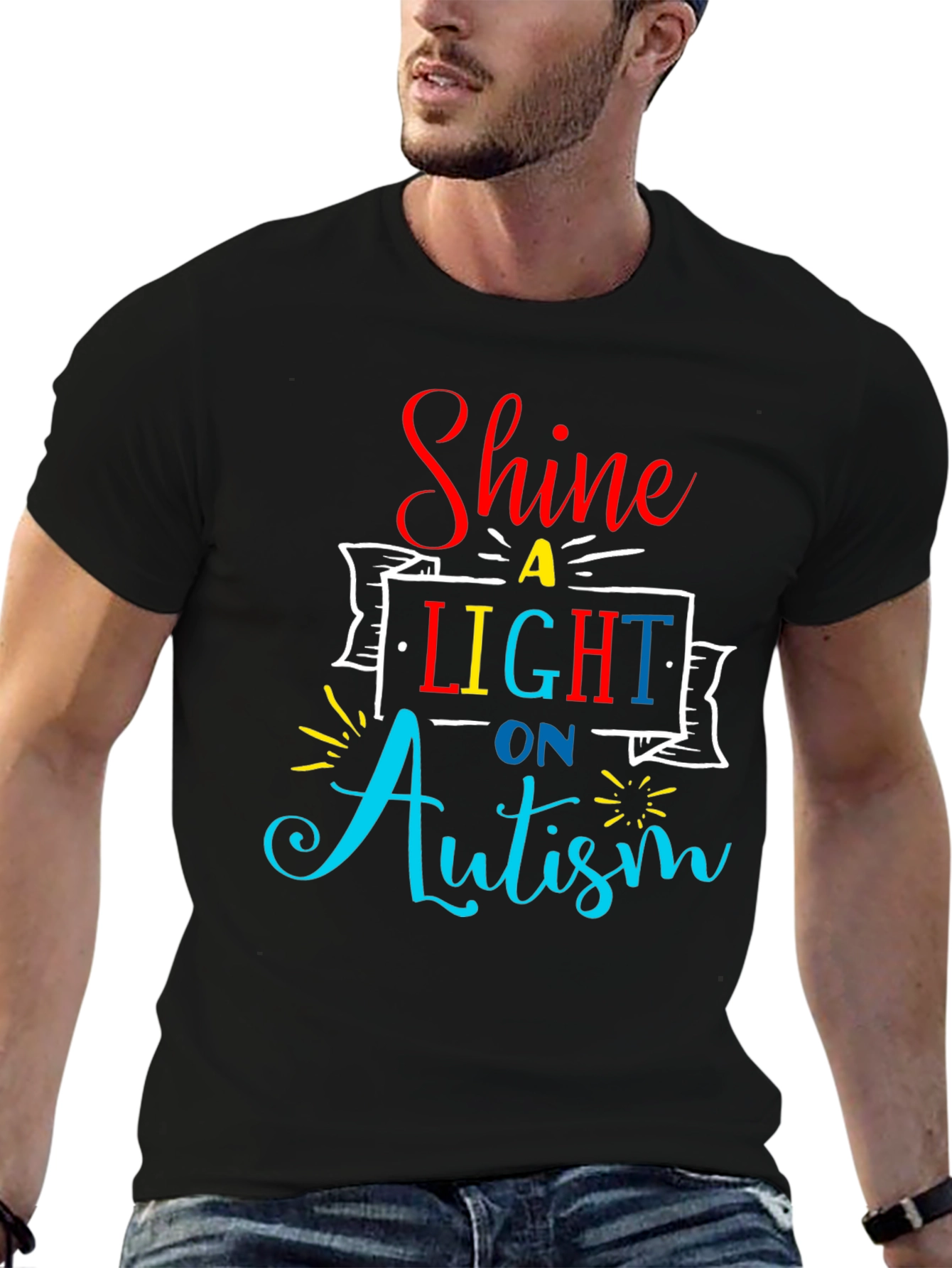 Black Autism Awareness T-Shirt Shine a Light view 6