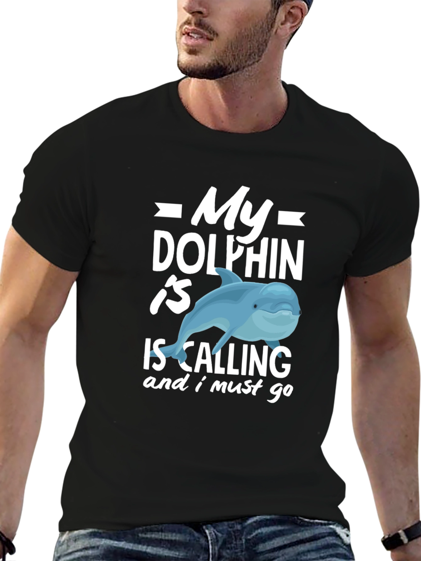 Black My Dolphin Is Calling Funny T-Shirt view 6