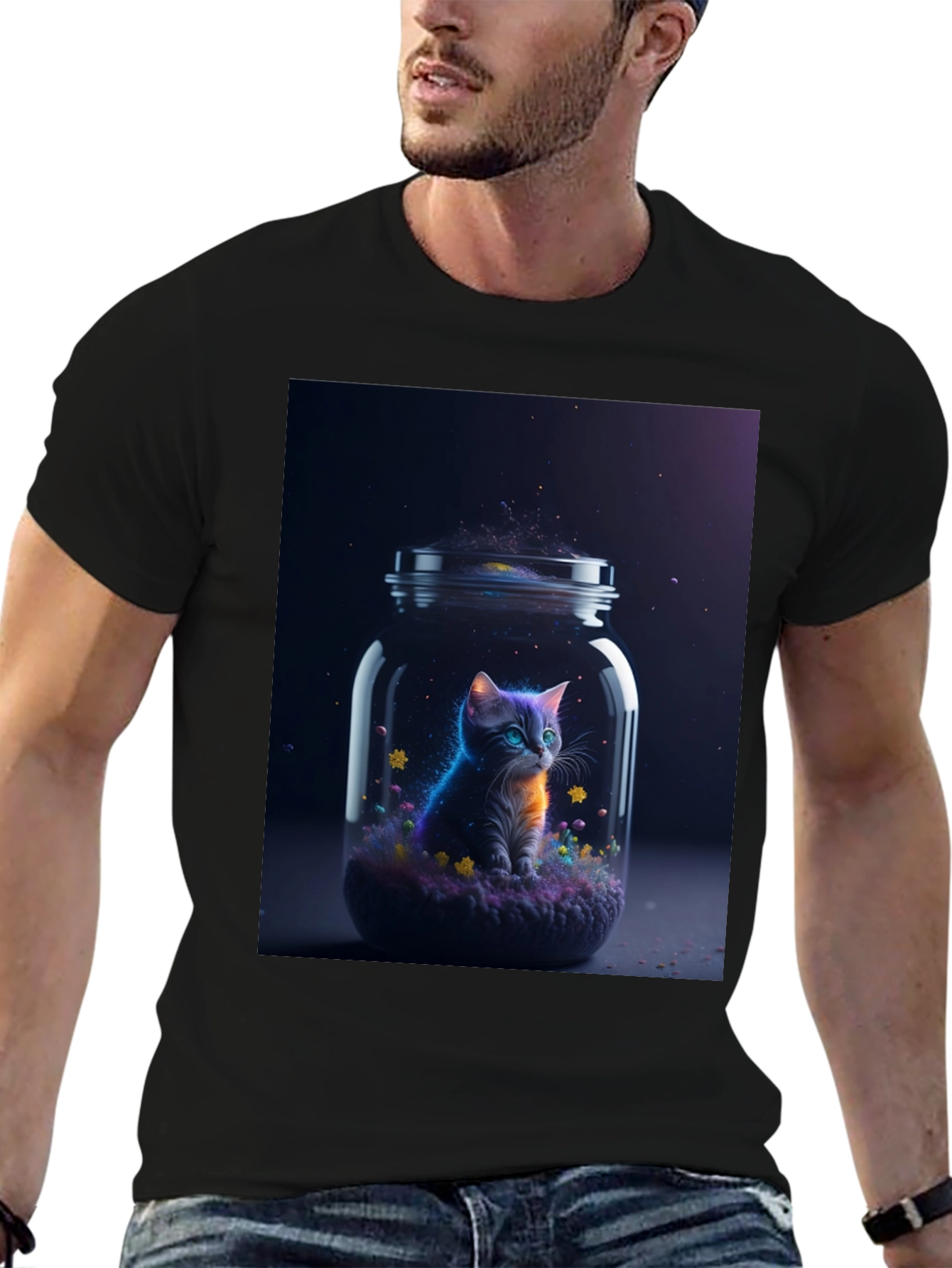 Black Cosmic Cat T-Shirt - Galaxy Kitten in a Jar view 6