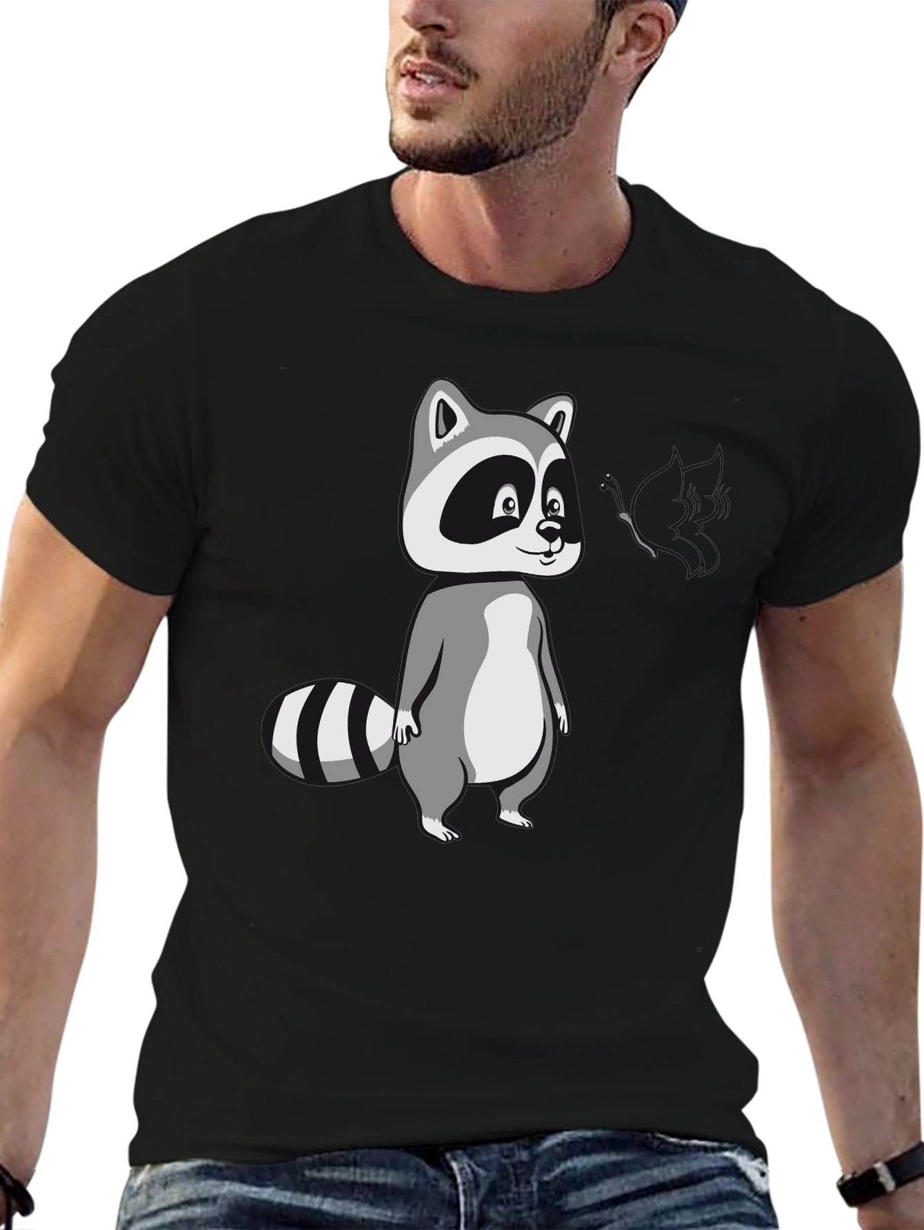 Black Cool Raccoon Graphic Tee - Black Cotton T-Shirt view 6
