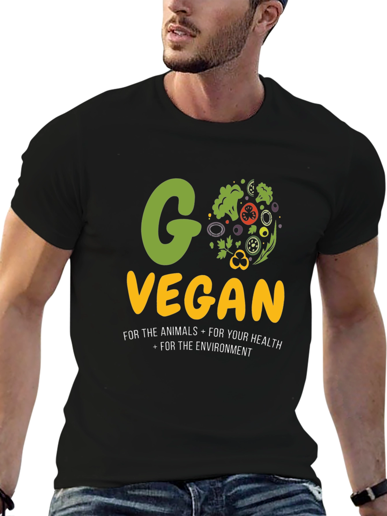 Black Go Vegan Black T-Shirt - Animals, Health, Environment! view 6