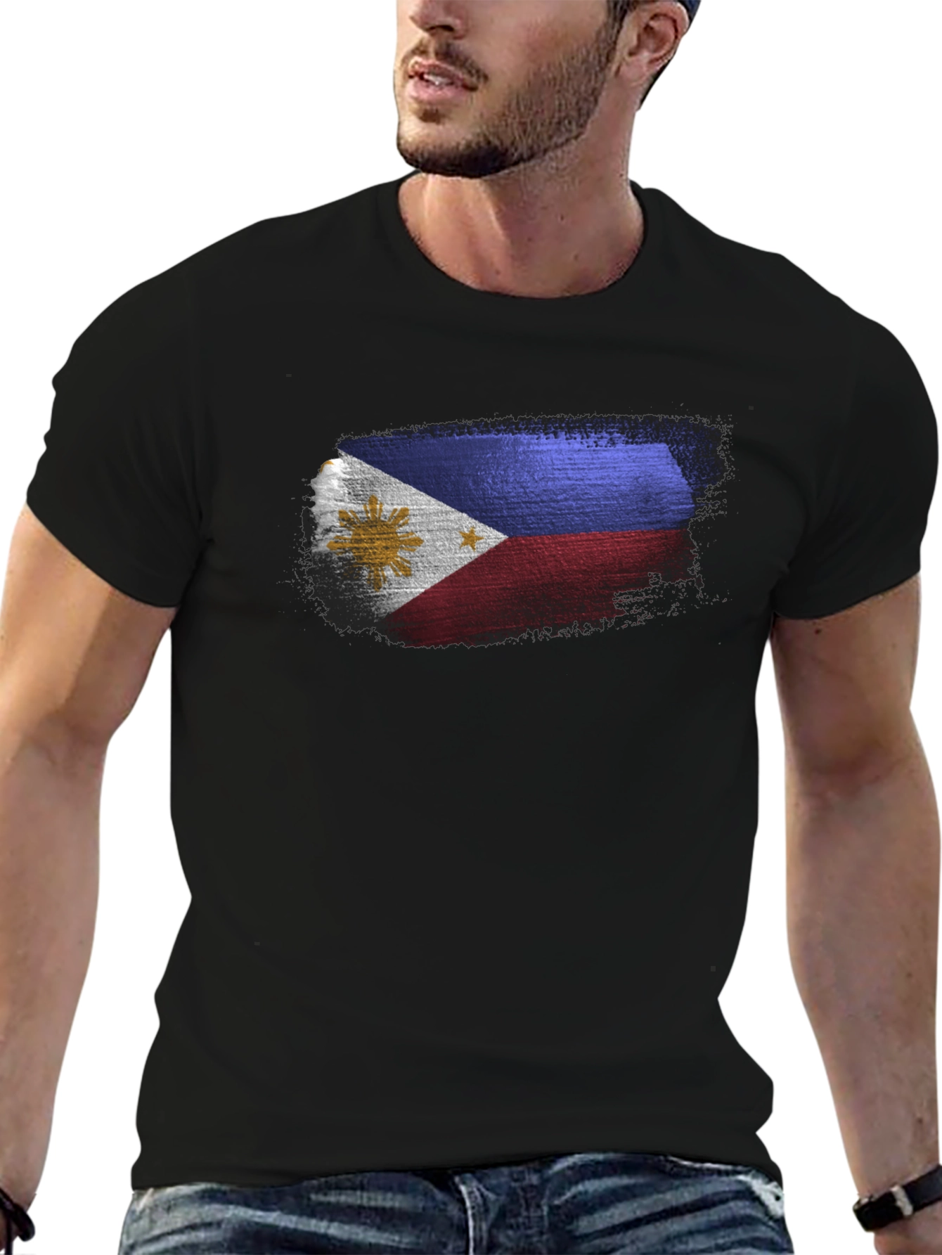 Black Men's Black T-Shirt with Filipino Flag Design view 6