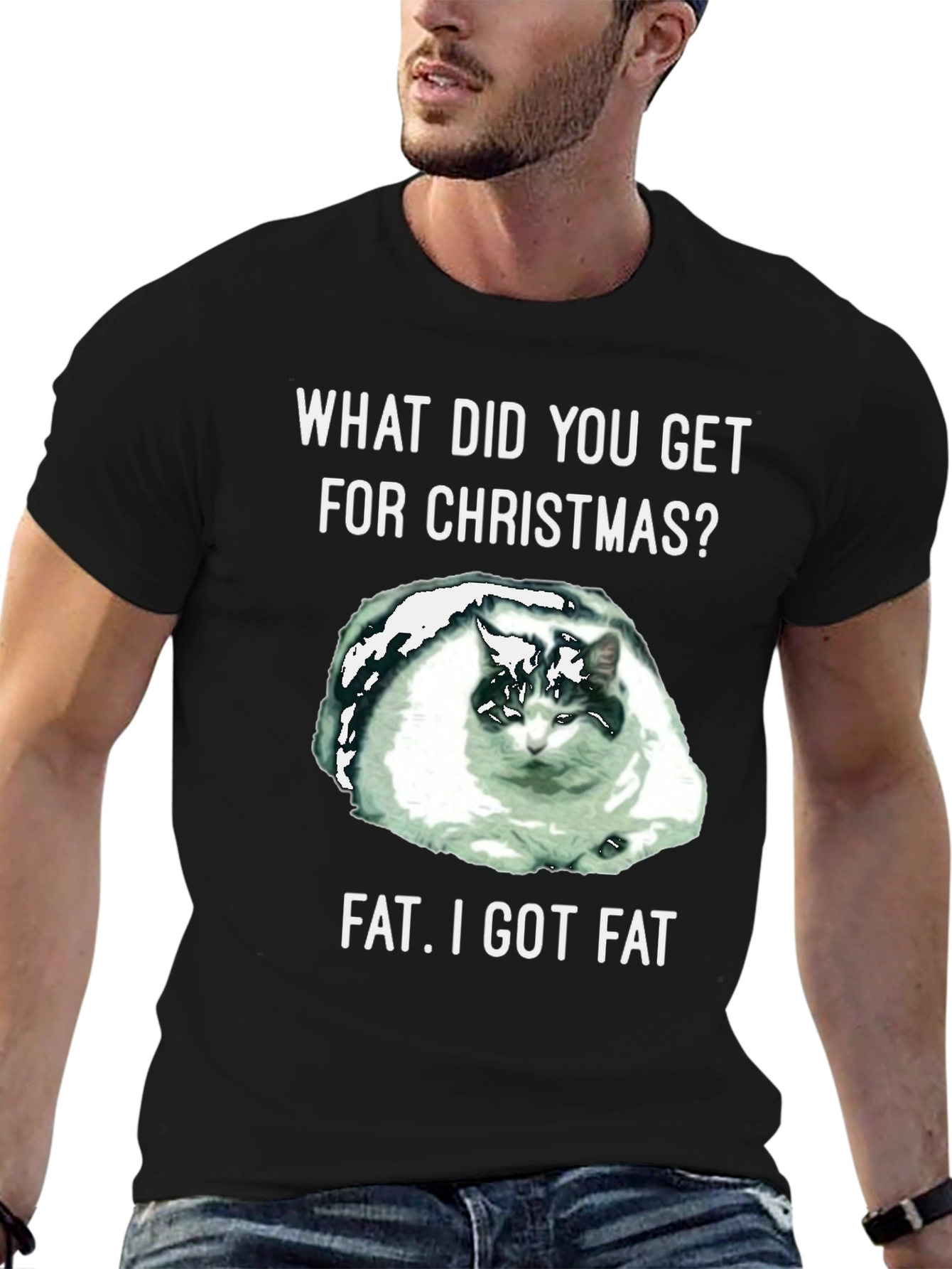 Black Funny Cat Christmas Fat T-Shirt view 6