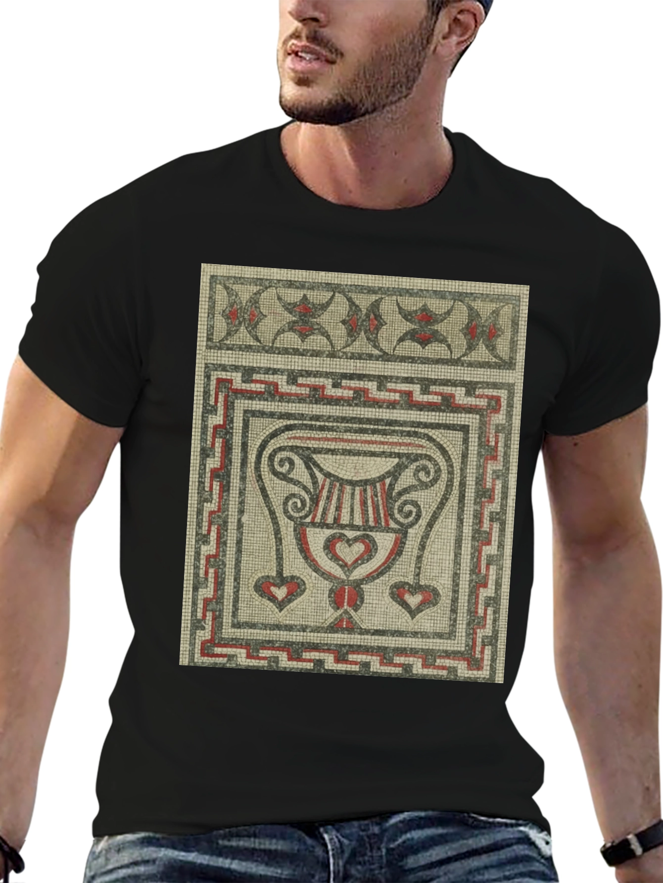 Black Mosaic Art Graphic T-Shirt - Ancient Roman Style Tee view 6