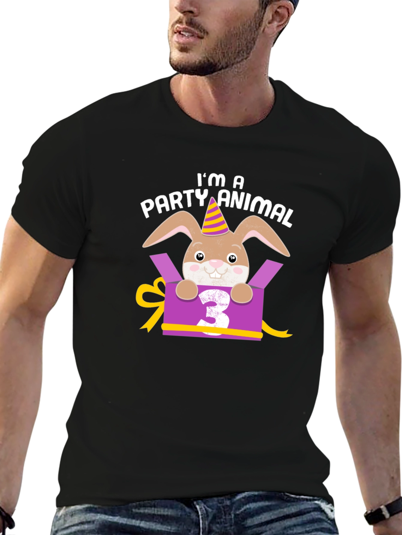 Black I'm A Party Animal 3rd Birthday Rabbit T-Shirt view 6