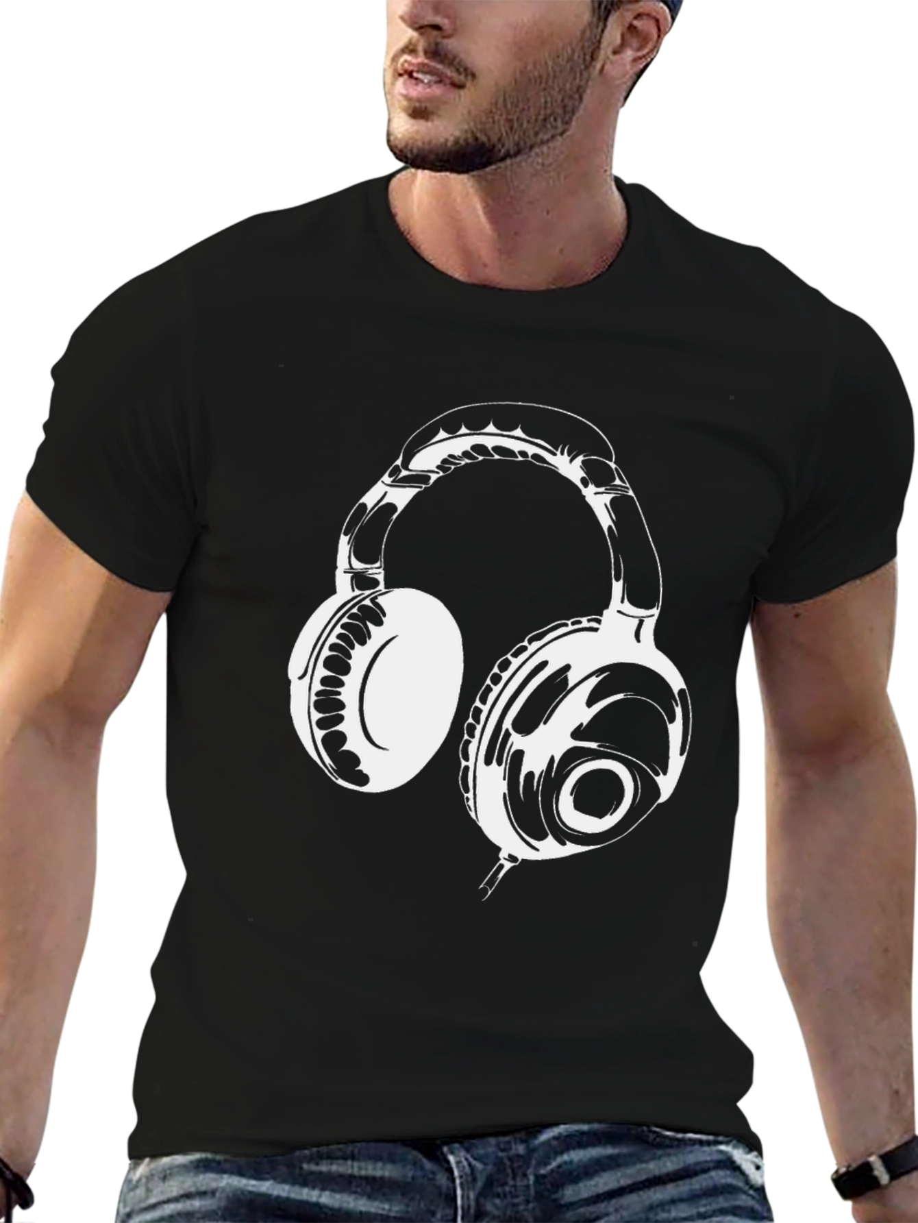 Black Black T-Shirt with White Headphones Graphic view 6