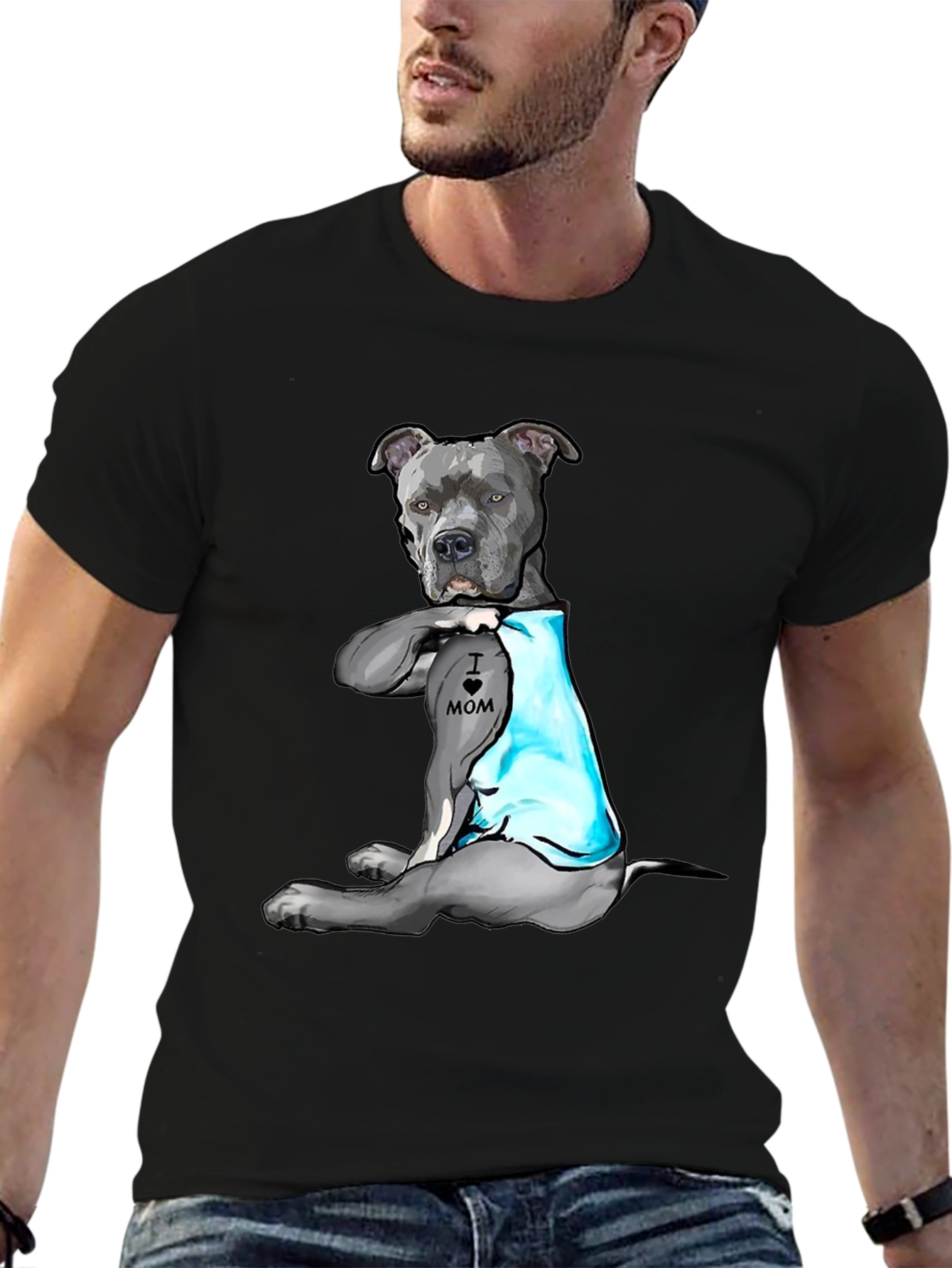 Black Dog Lover T-Shirt: 'I Heart Mom' Pitbull Design view 6