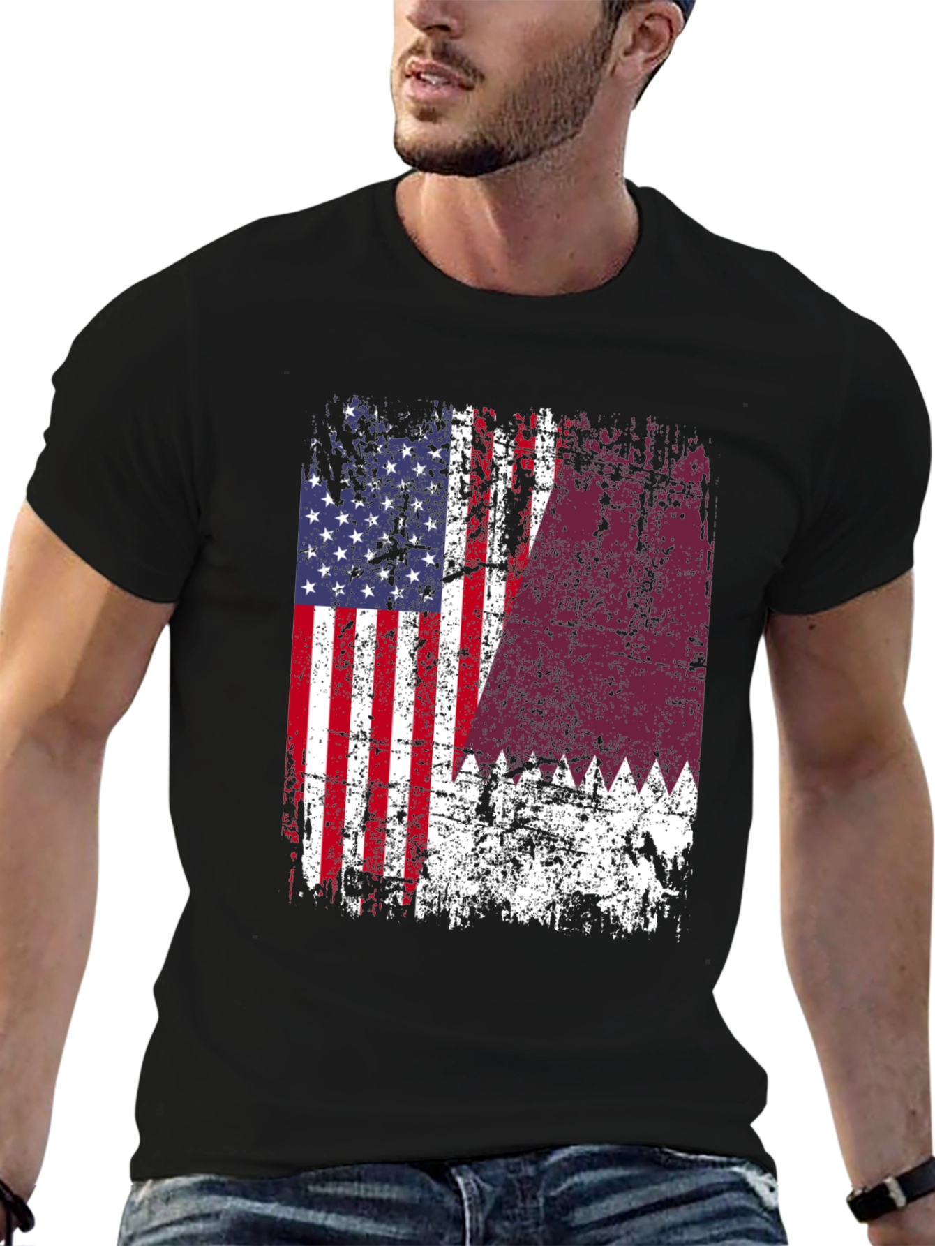 USA Qatar Flag Distressed T-Shirt - 6