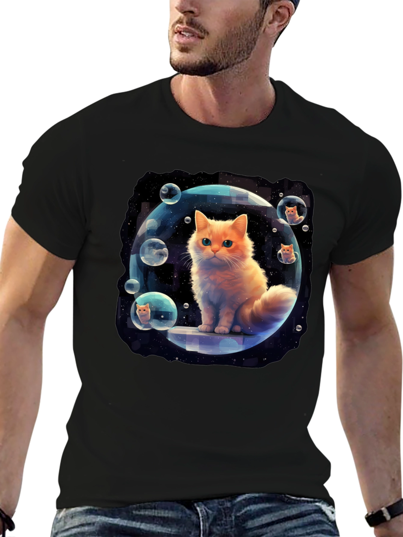 Black Cosmic Cat Bubble T-Shirt - Unique Graphic Tee view 6