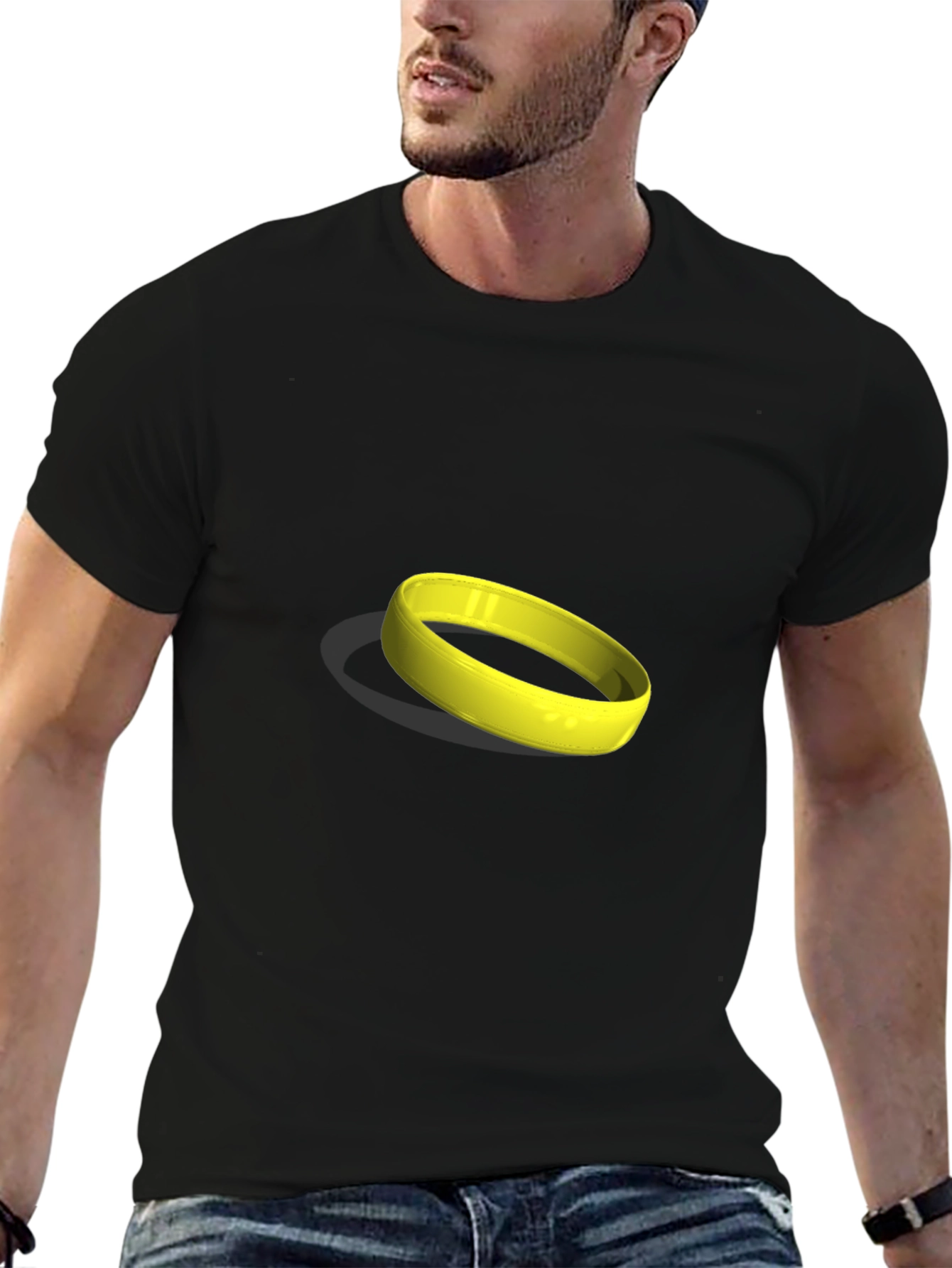 Black Men's Black T-Shirt with Yellow Ring Graphic view 6