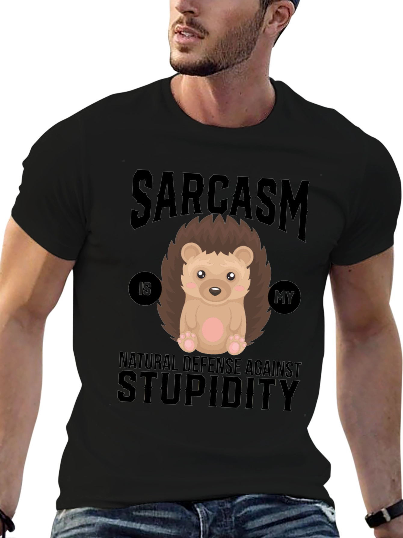 Black Sarcasm Hedgehog T-Shirt - Natural Defense view 6