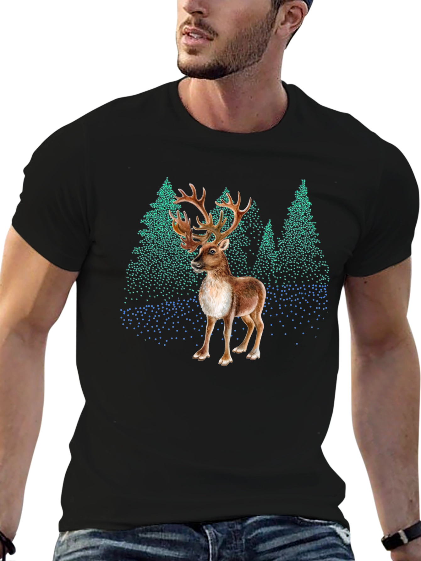 Black Reindeer Forest Graphic Tee - Stylish Nature Print view 6
