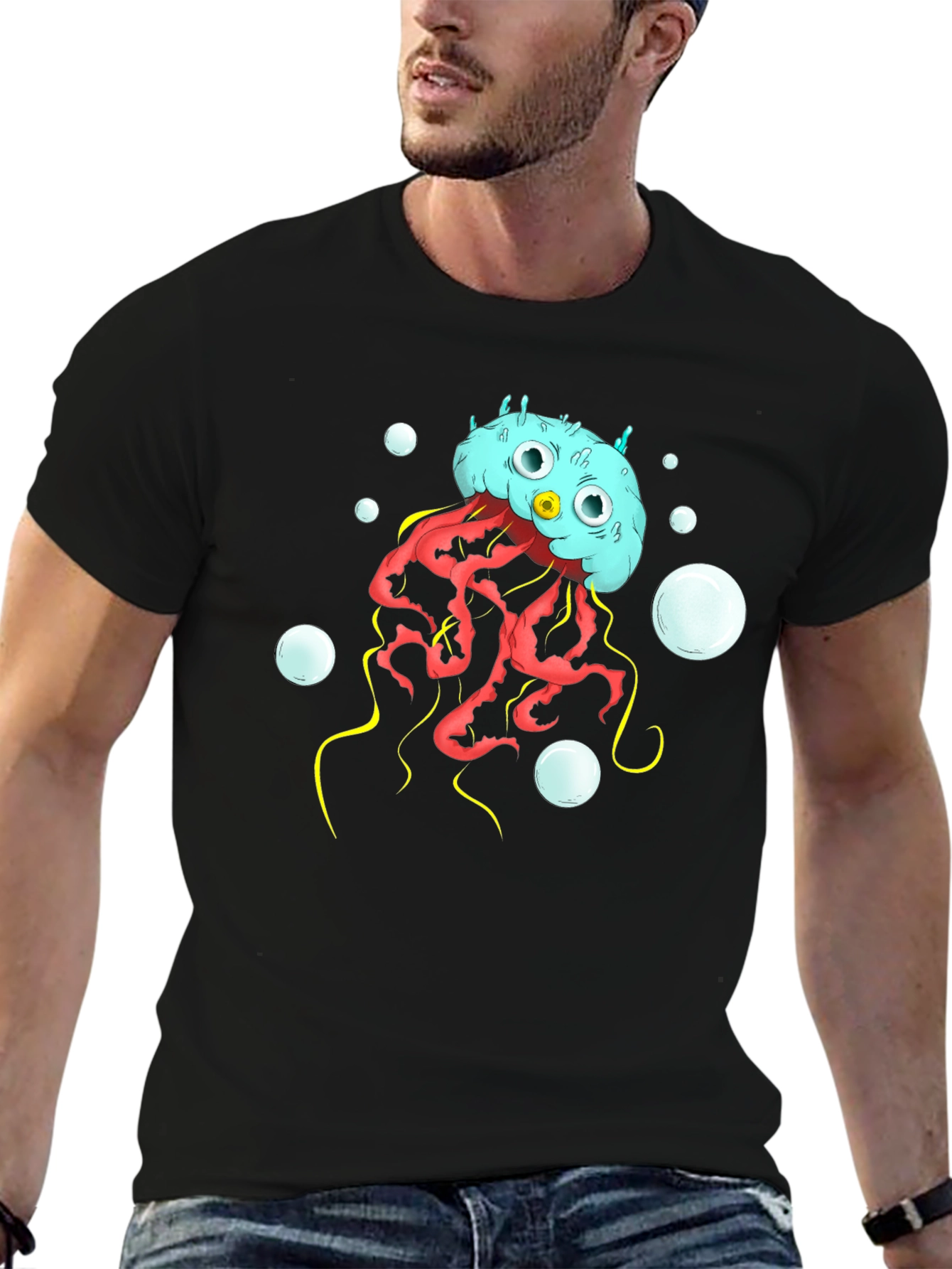 Black Cartoon Jellyfish Graphic T-Shirt view 6