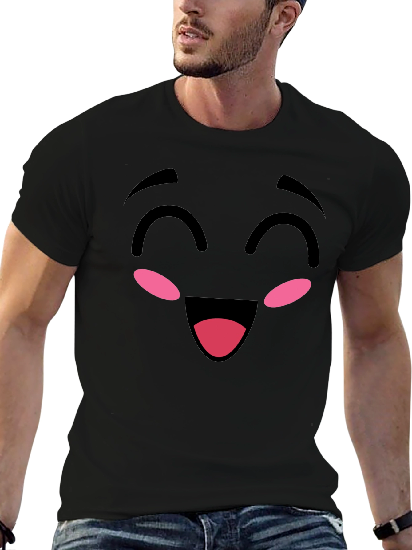 Black Happy Face Graphic Tee - Soft Cotton Blend view 6