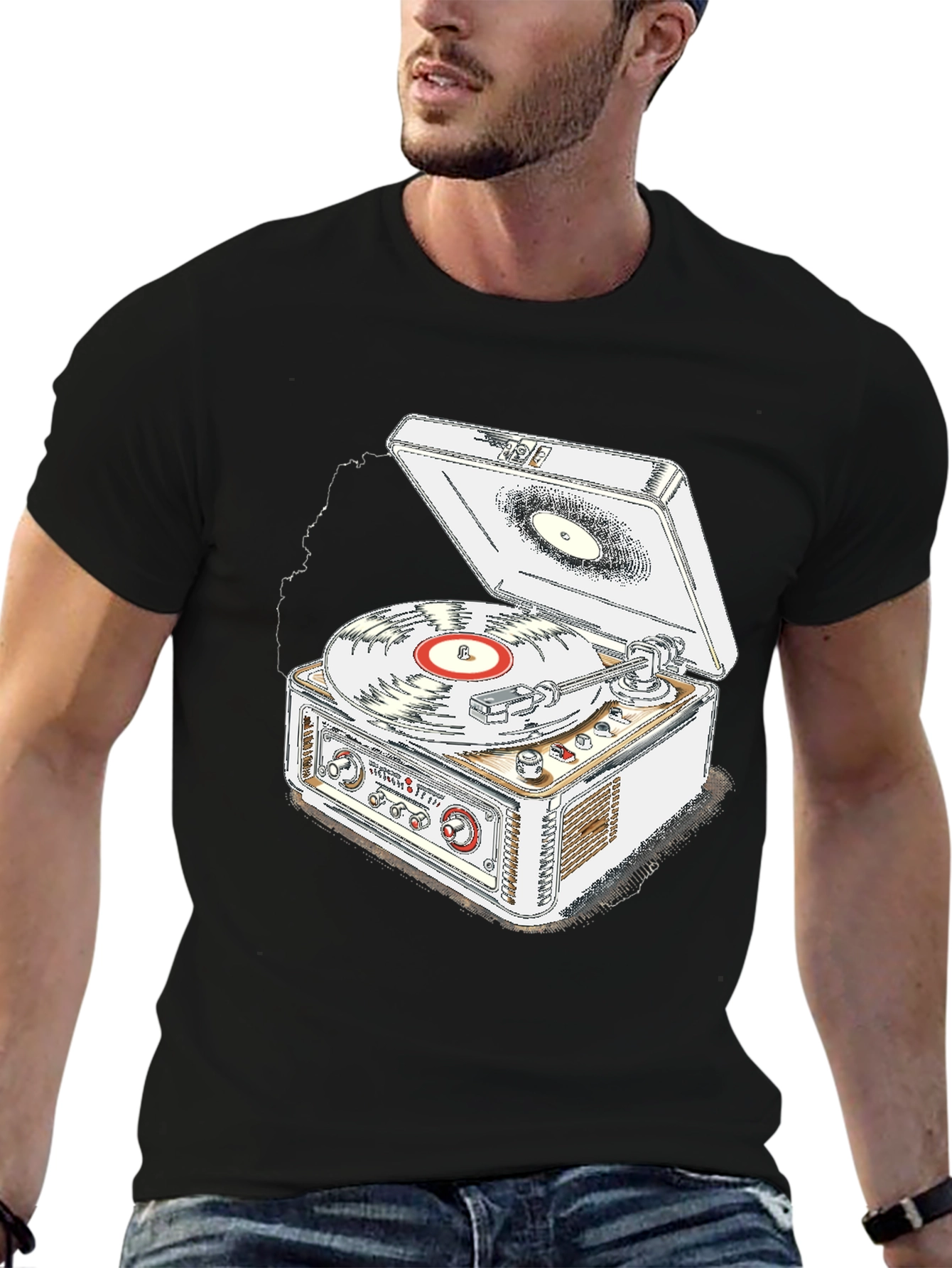 Black Vintage Record Player T-Shirt - Music Lover Tee view 6