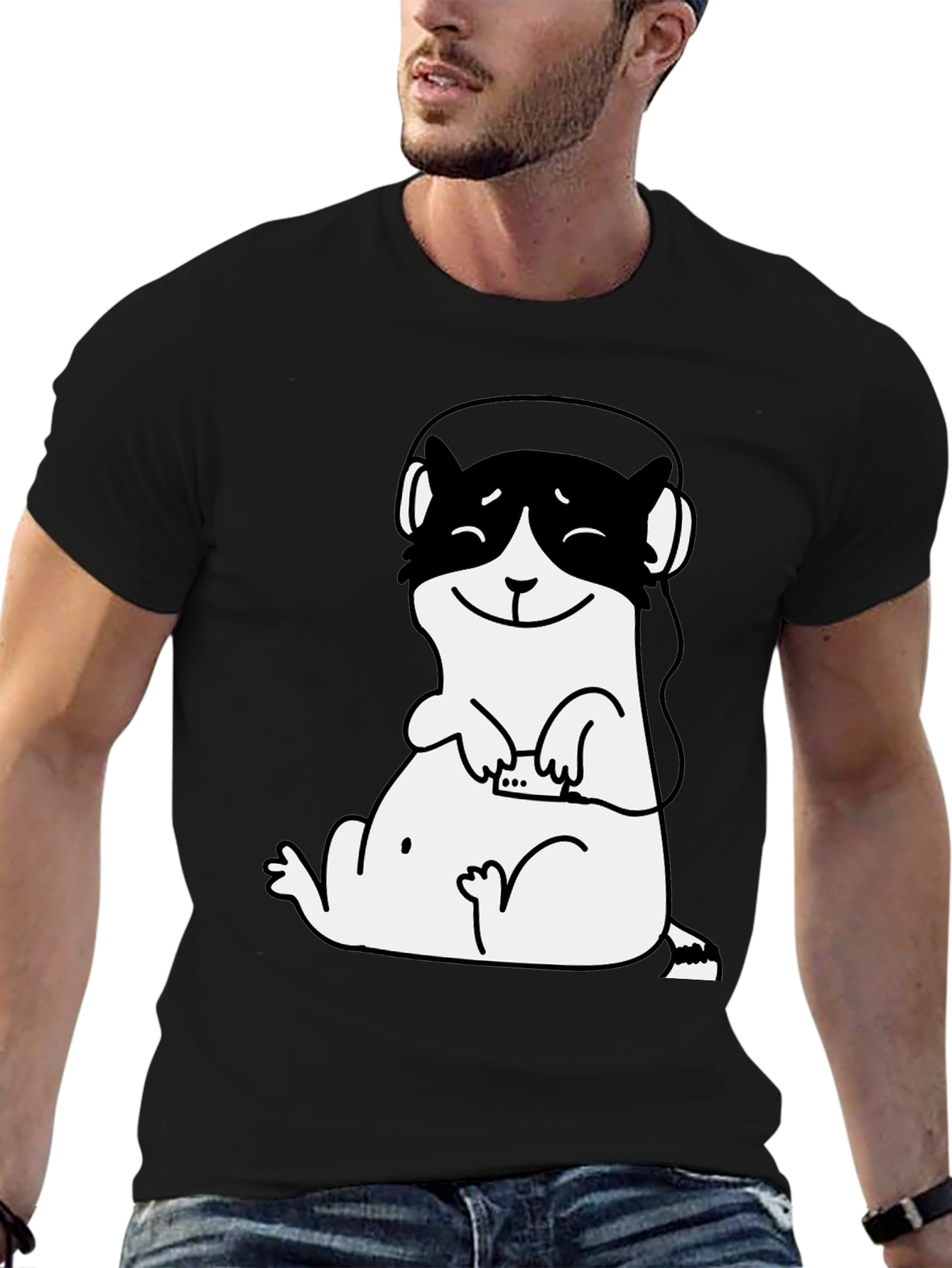 Black Cute Otter DJ Graphic Tee - Black Cotton T-Shirt view 6