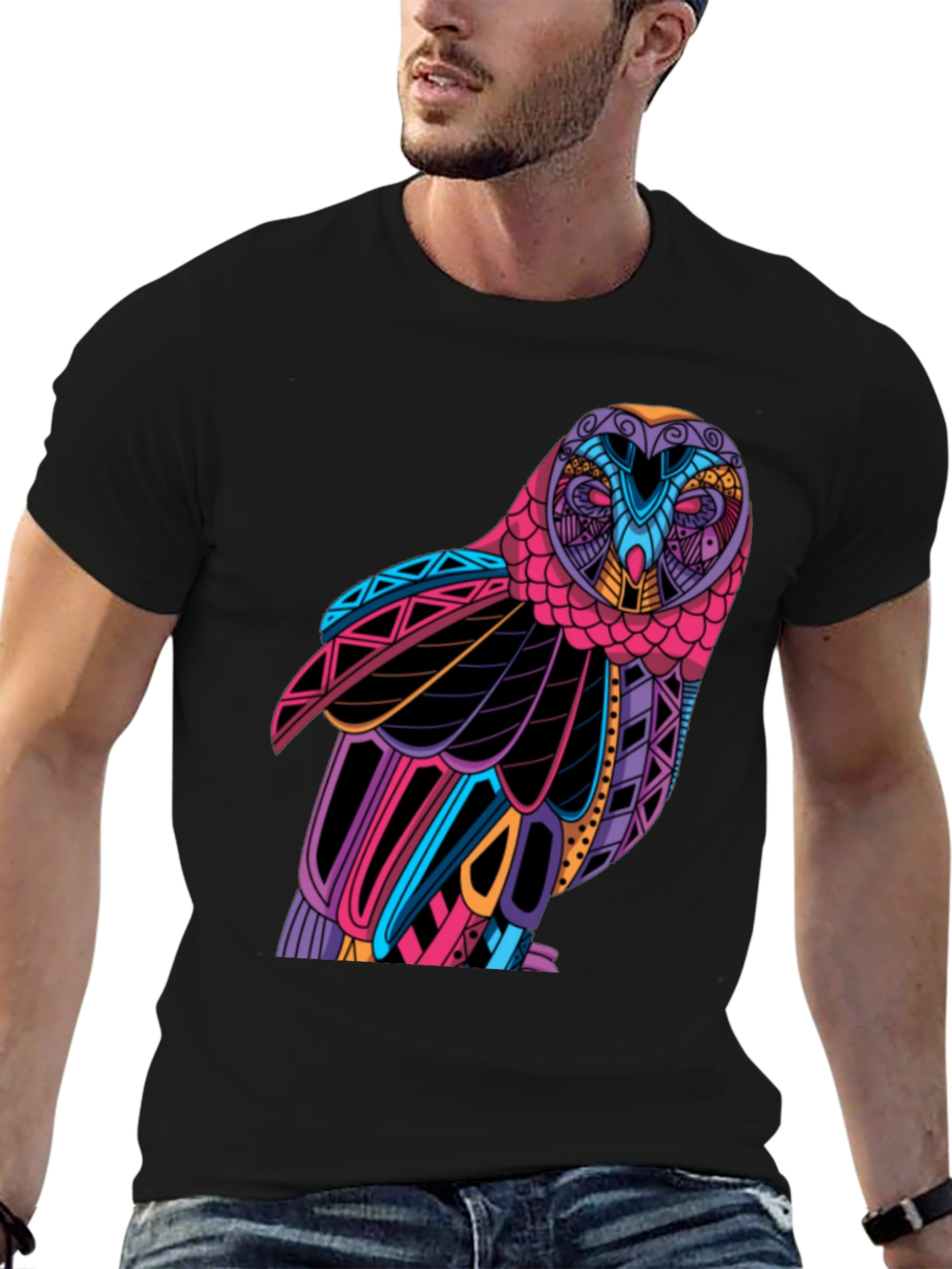 Black Colorful Owl Graphic T-Shirt - Unique Design view 6