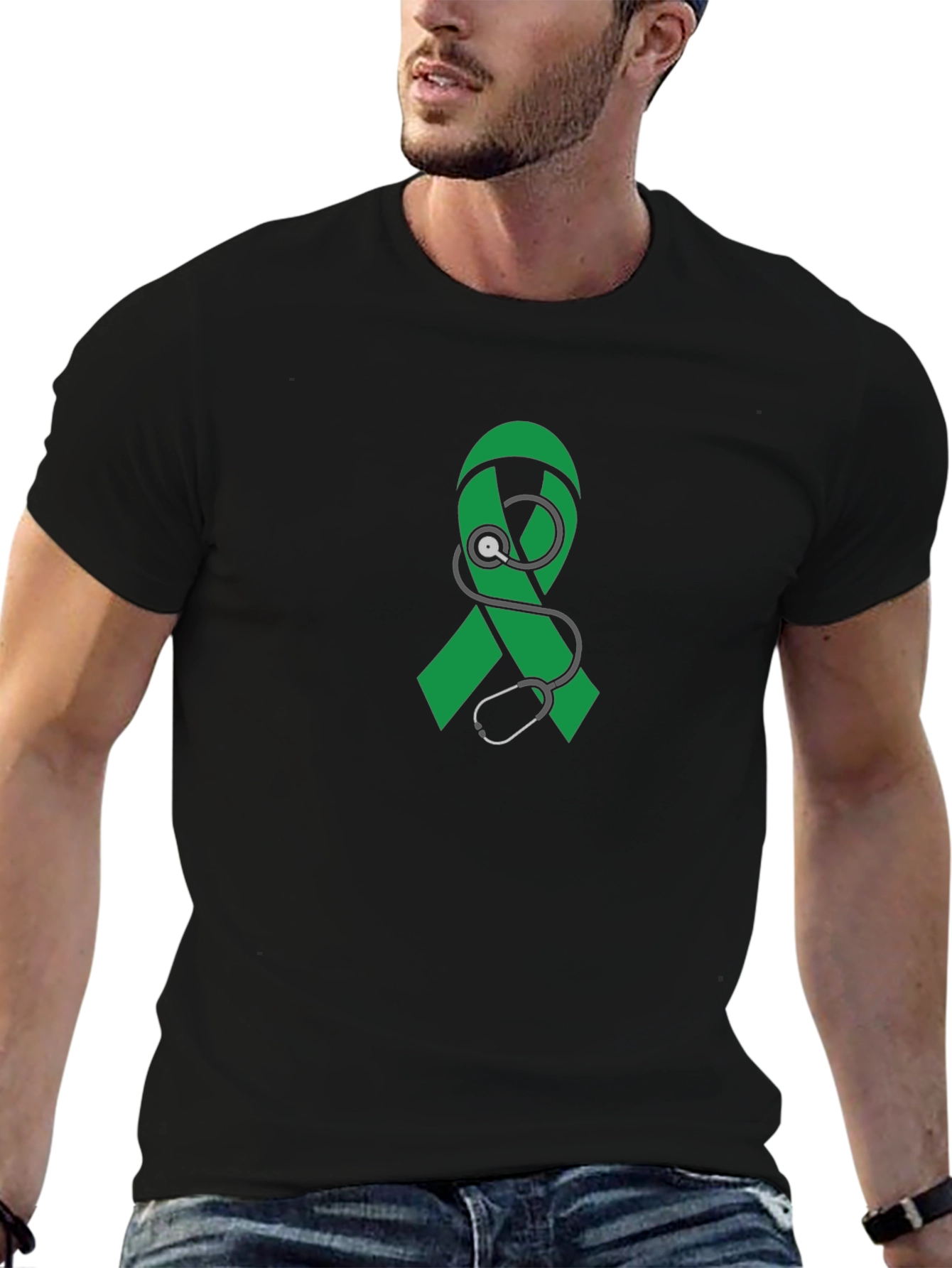 Black Awareness Ribbon Stethoscope Graphic Tee view 6