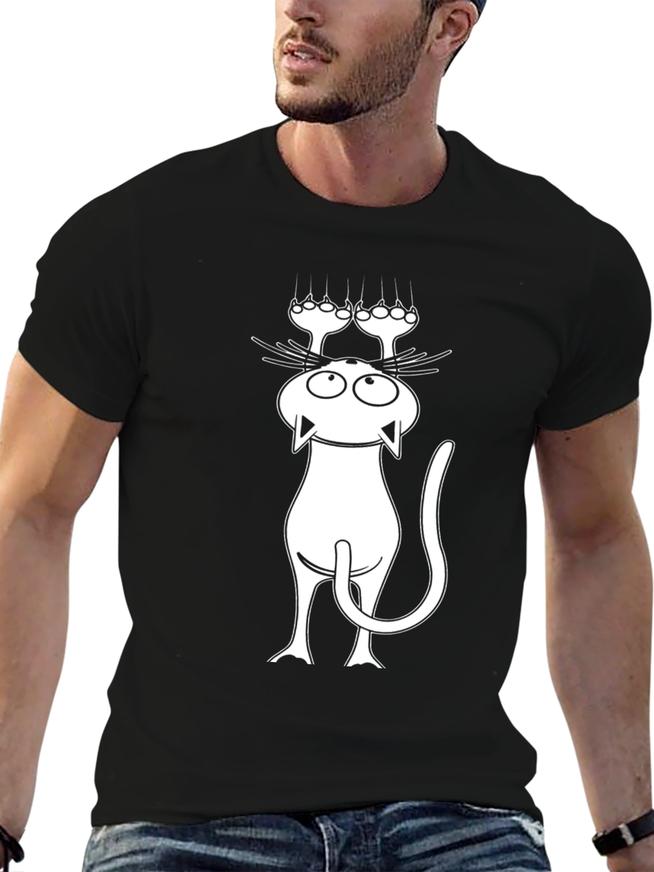 Black Funny Cat Scratching T-Shirt - Black view 6