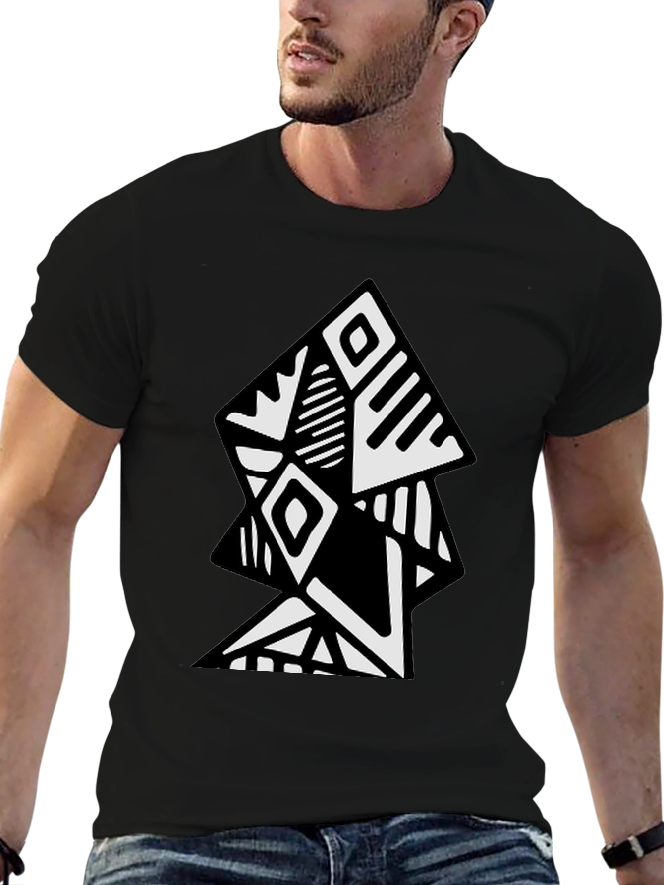 Black Geometric Tribal Art Black T-Shirt view 6