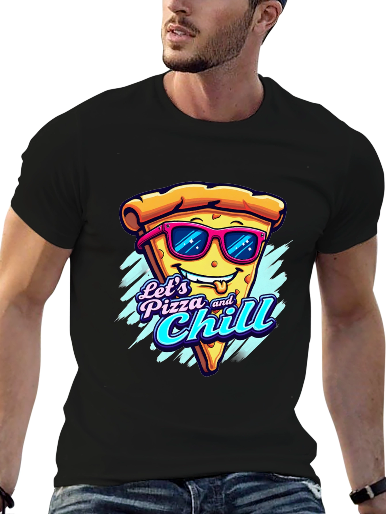 Black Let's Pizza and Chill Funny Graphic Tee view 6