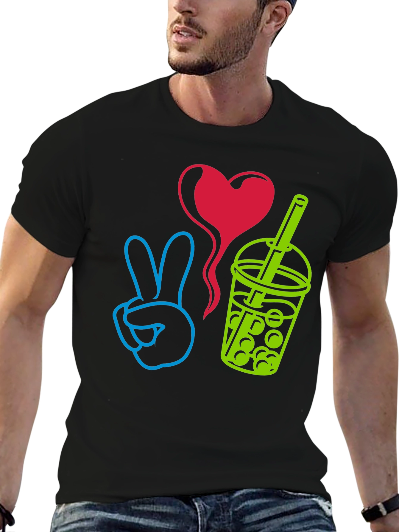 Black Peace, Love, Boba T-Shirt - Trendy Graphic Tee view 6