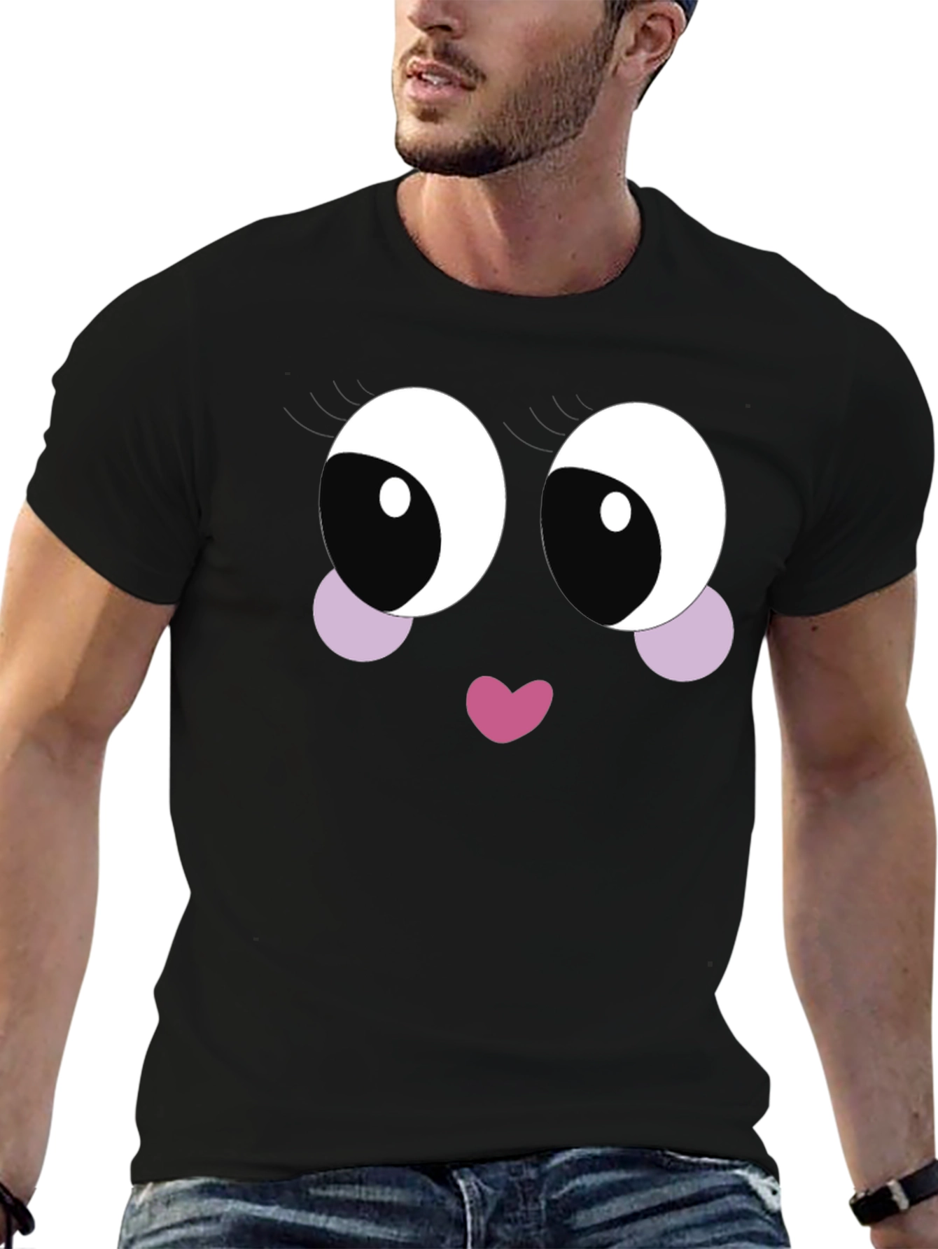 Black Cute Cartoon Face Black T-Shirt view 6