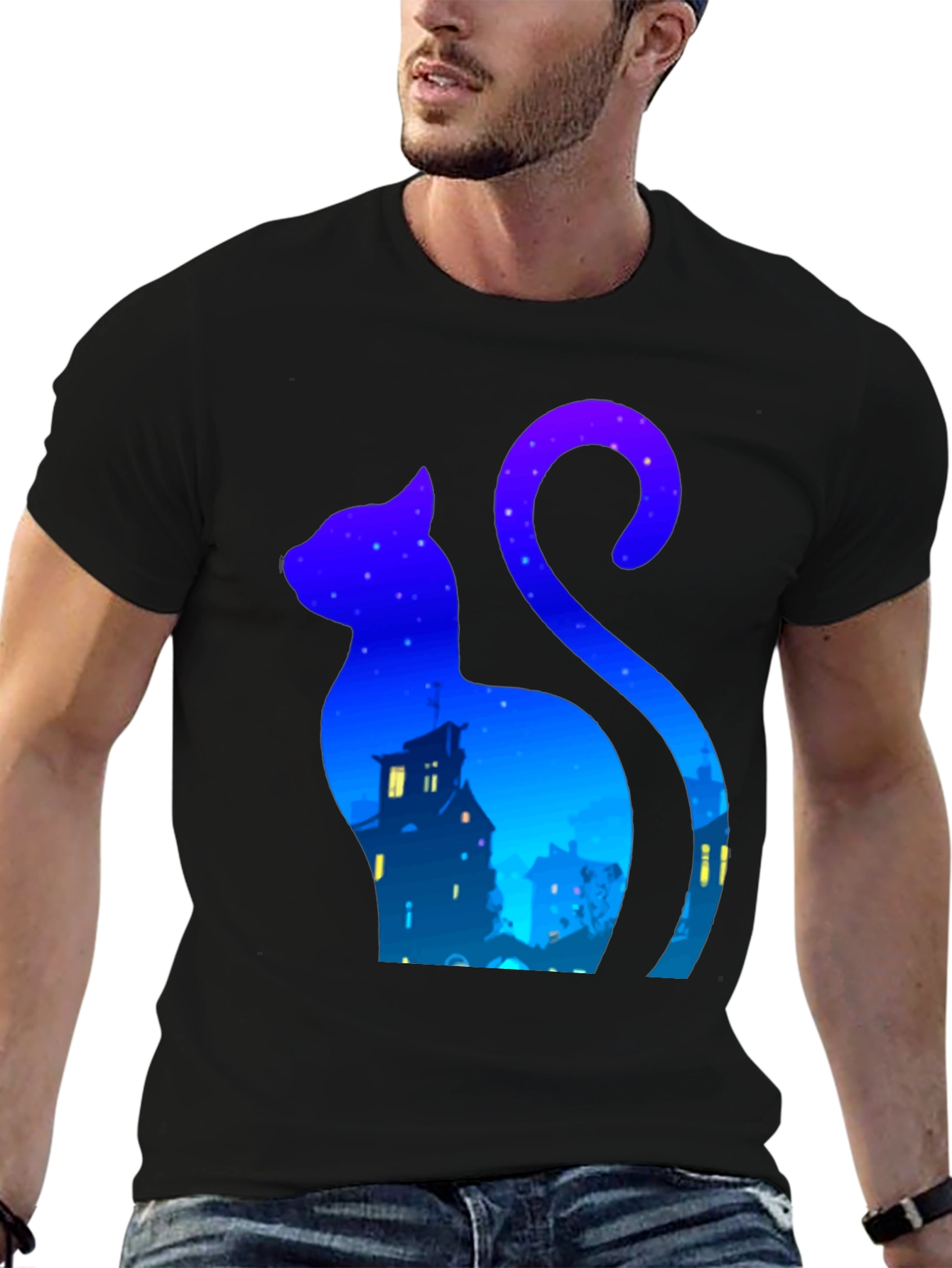 Black Cat Silhouette Night Sky T-Shirt - Urban Style view 6