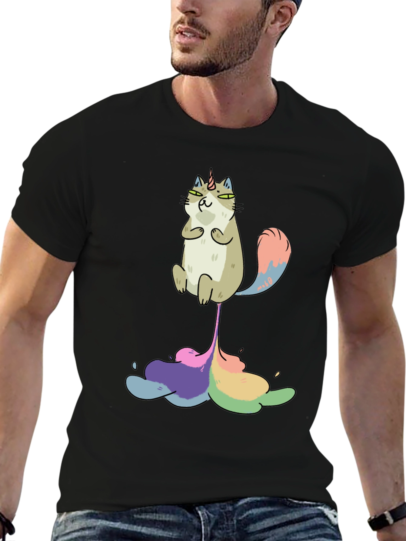 Black Unicorn Cat Rainbow Funny Black T-Shirt view 6