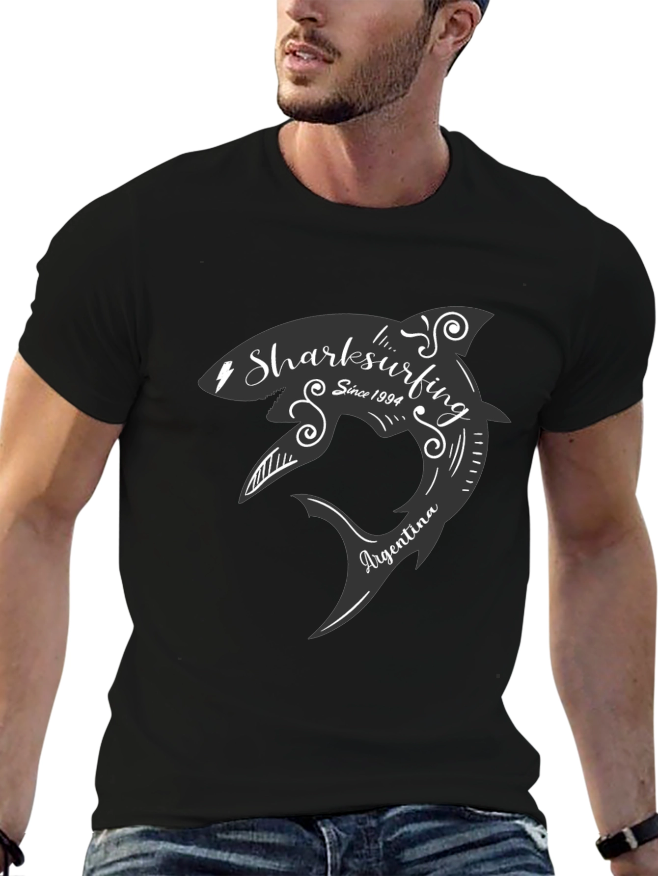 Black Sharksurfing T-Shirt - Argentina Surf Tee view 6
