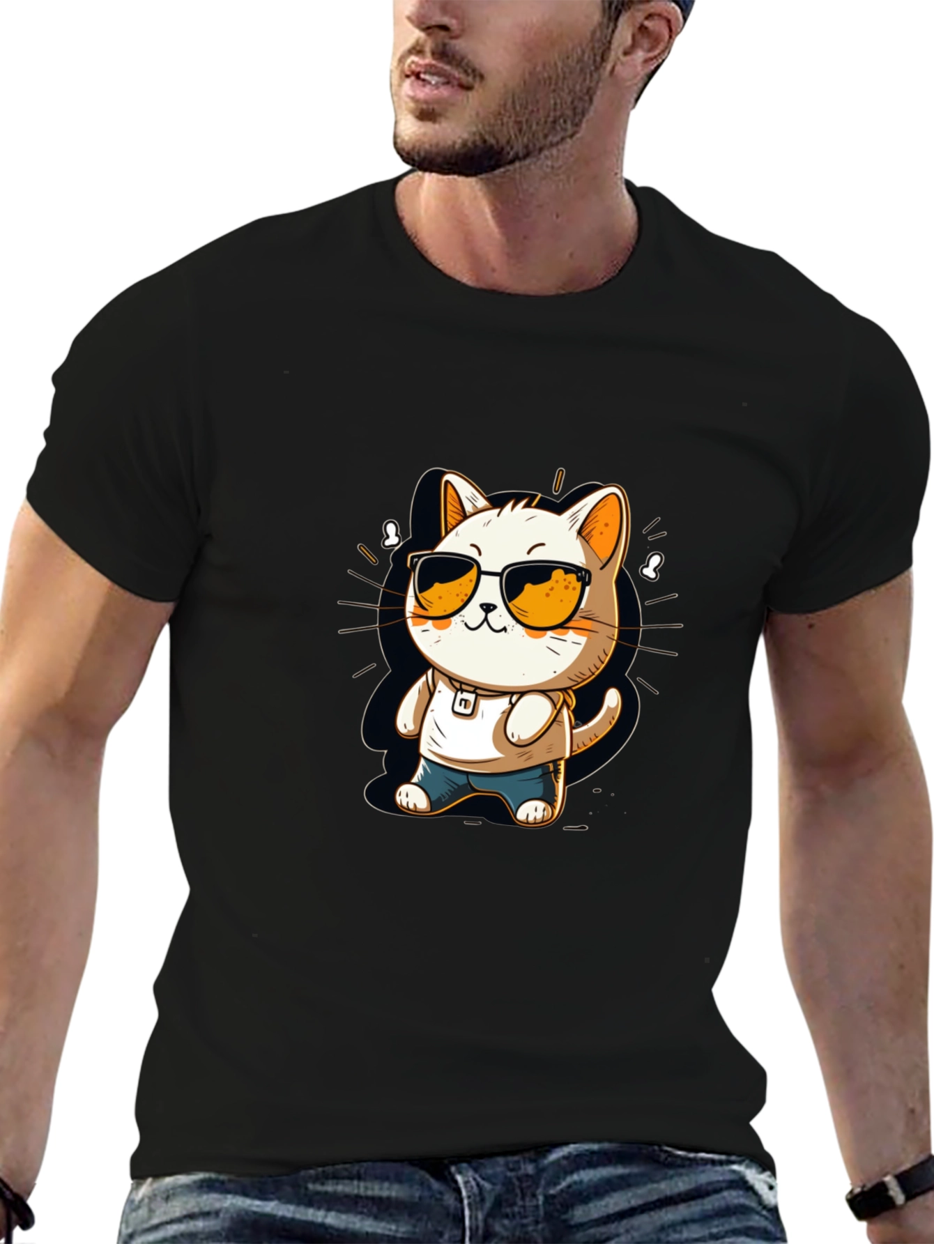 Black Cool Cat Cartoon Black Tee view 6