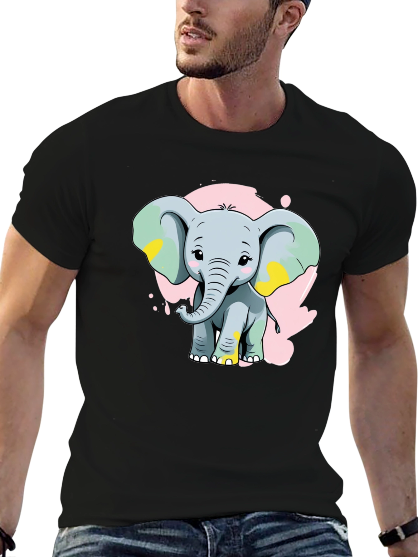 Black Cute Elephant Graphic Tee - Black Cotton Blend Shirt view 6