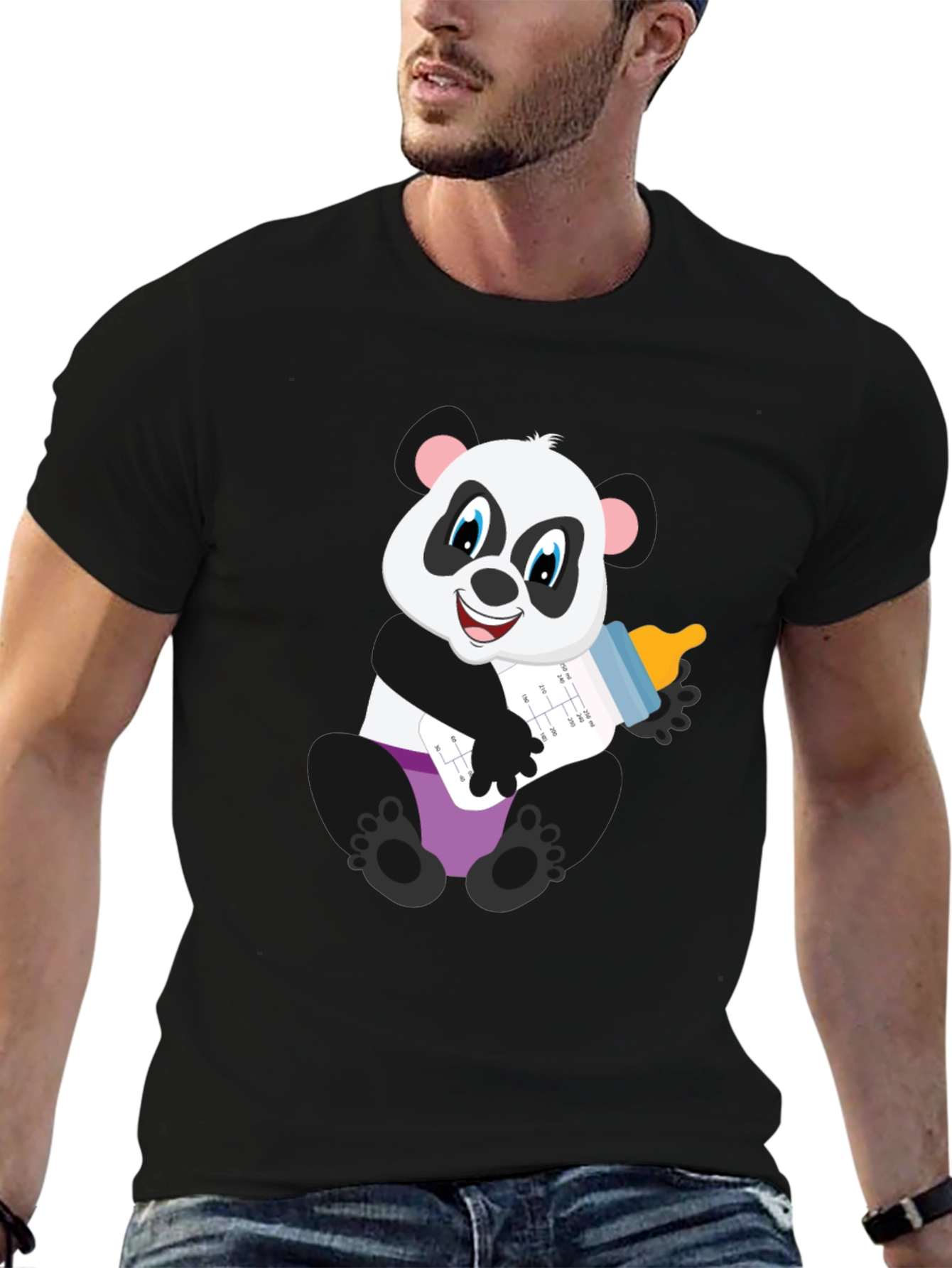 Black Panda Baby Bottle T-Shirt - Adorable Cute Cartoon Bear Tee view 6