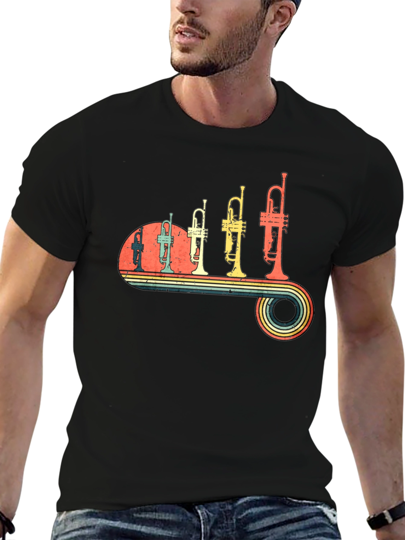 Black Retro Trumpet Music T-Shirt view 6