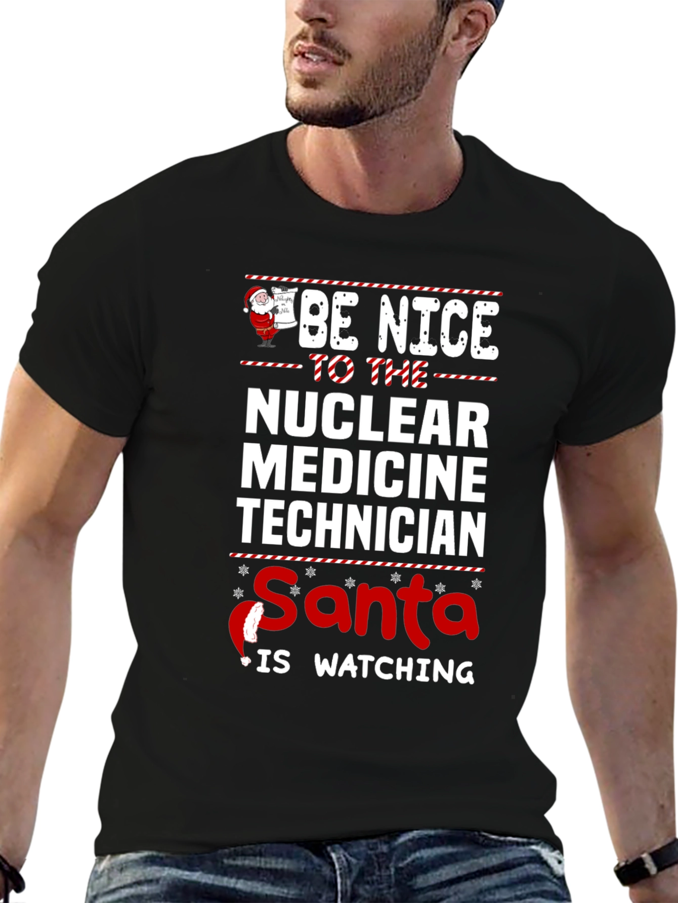 Black Nuclear Medicine Tech Santa Watching T-Shirt view 6