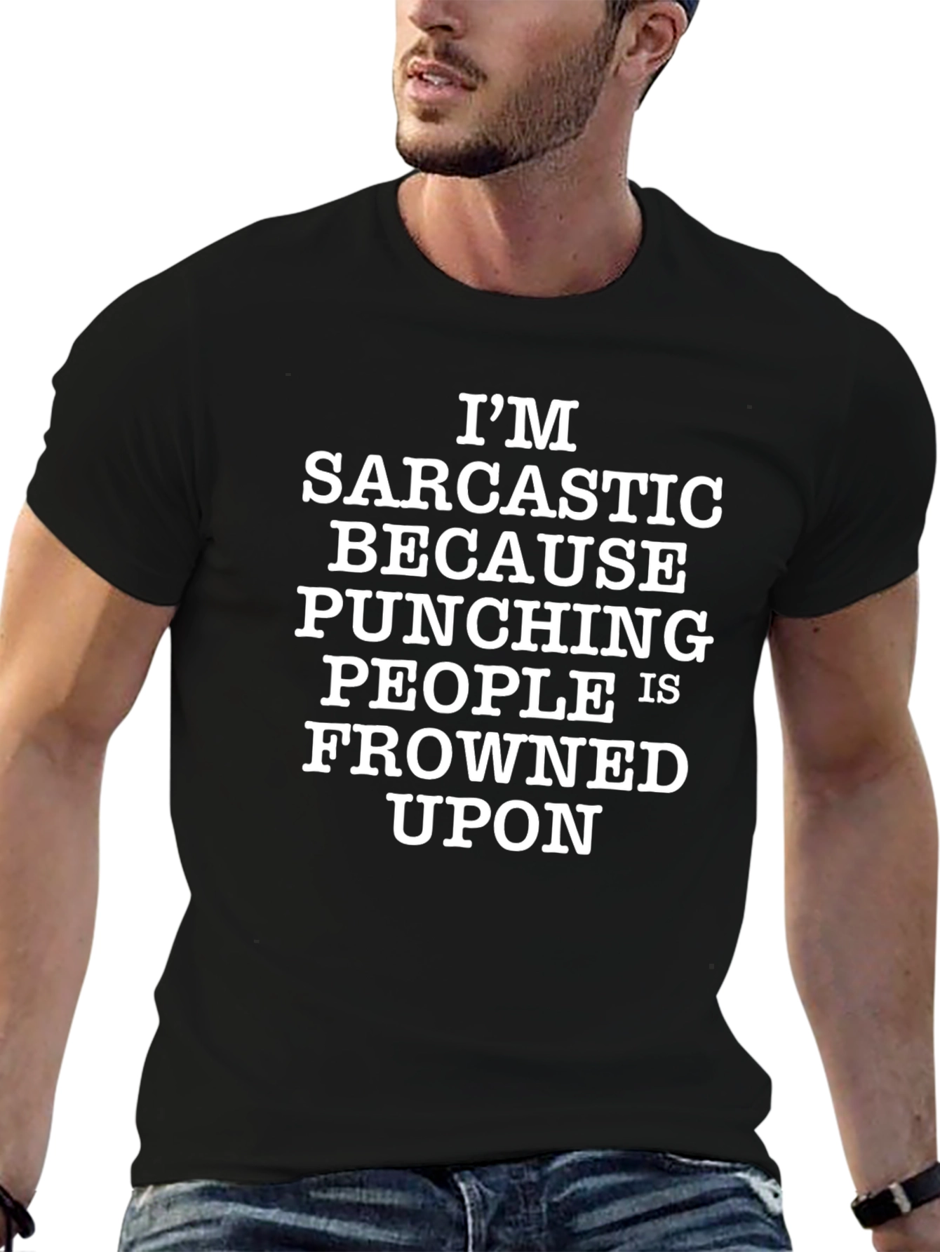 Black Sarcastic Humor Graphic Tee - "Punching People is Frowned Upon" view 6