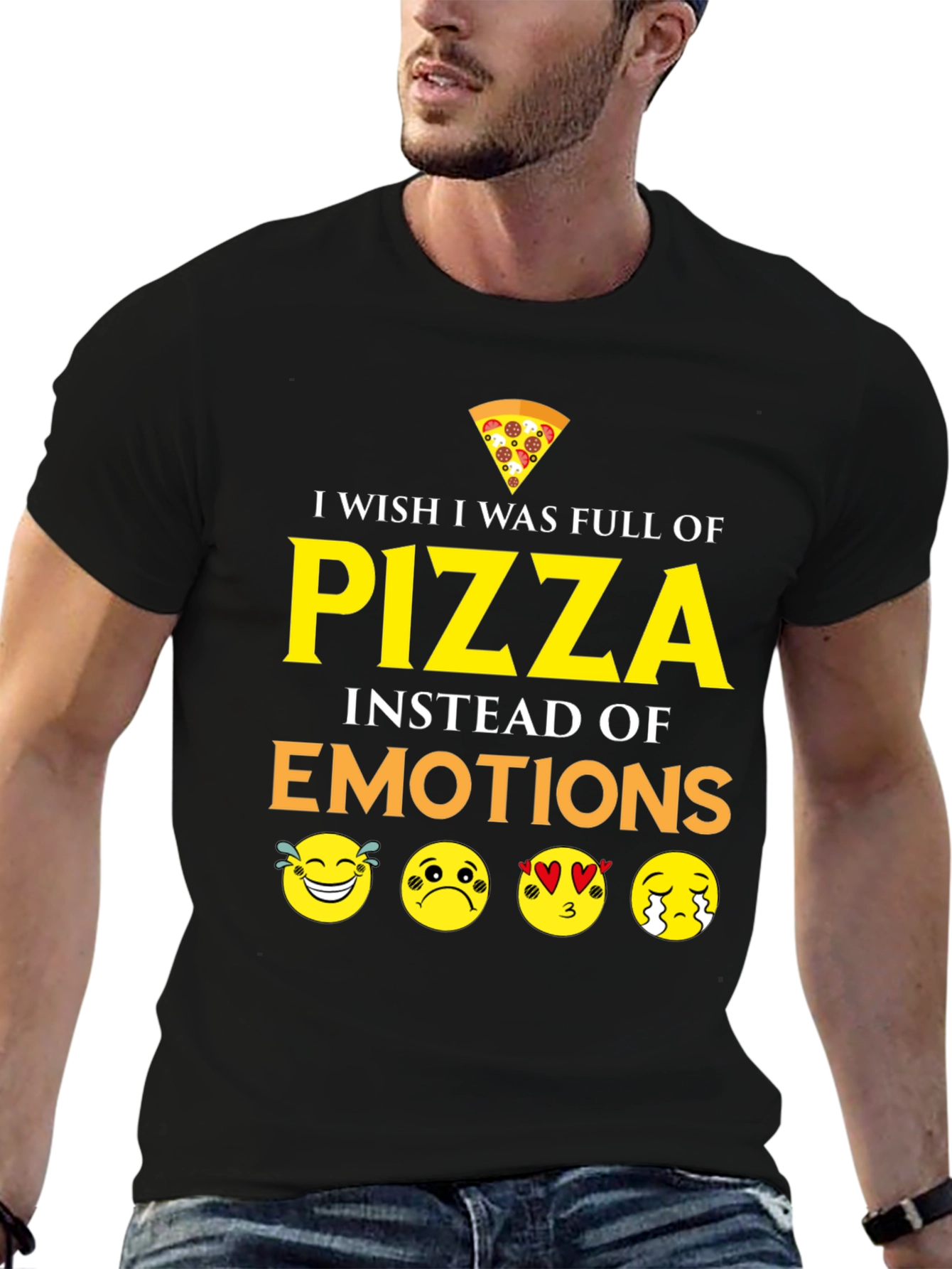Black Pizza Emotions Graphic T-Shirt - Funny Foodie Tee view 6