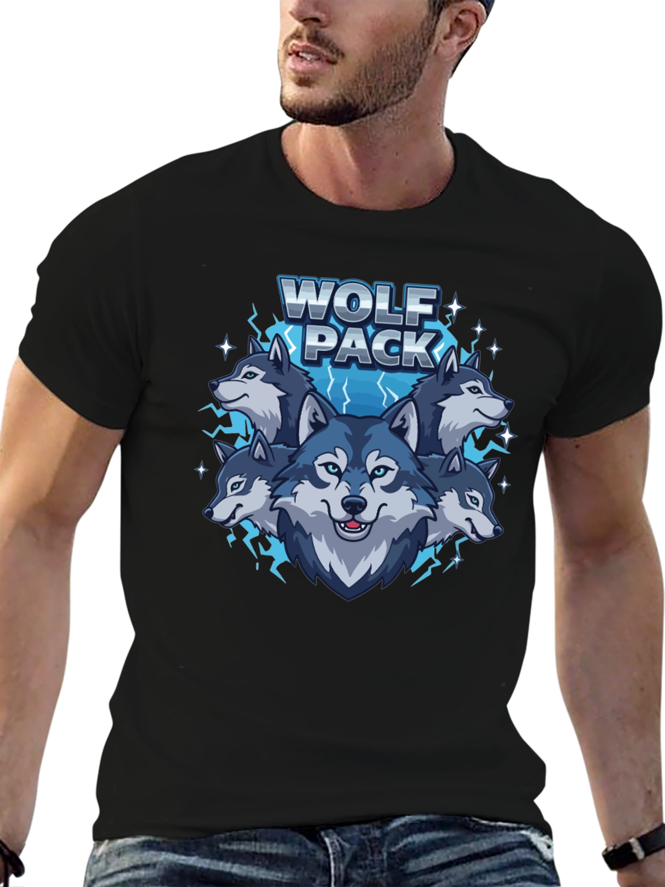 Black Wolf Pack Graphic Print Crew Neck T-Shirt view 6