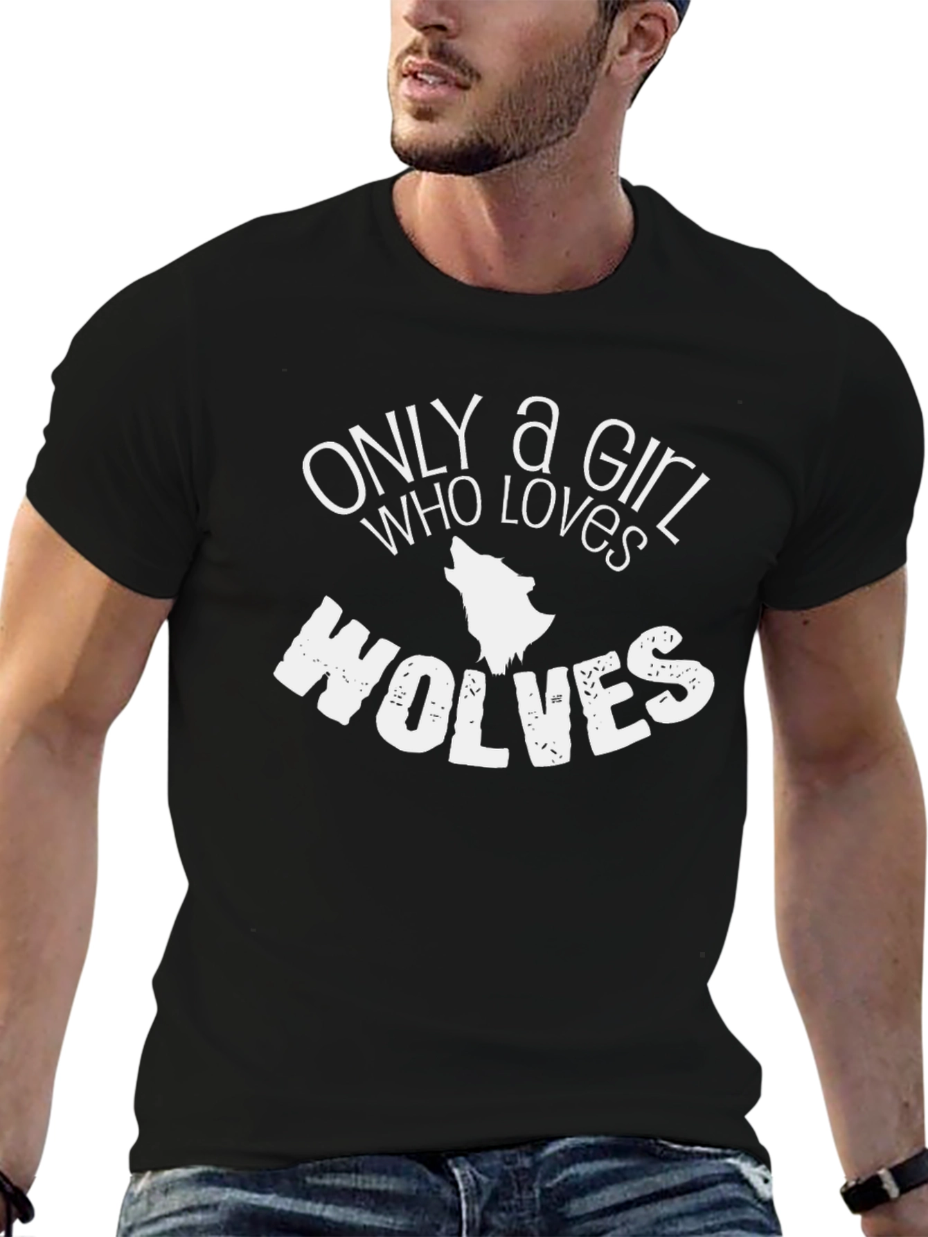 Black Only a Girl Who Loves Wolves Black T-Shirt view 6