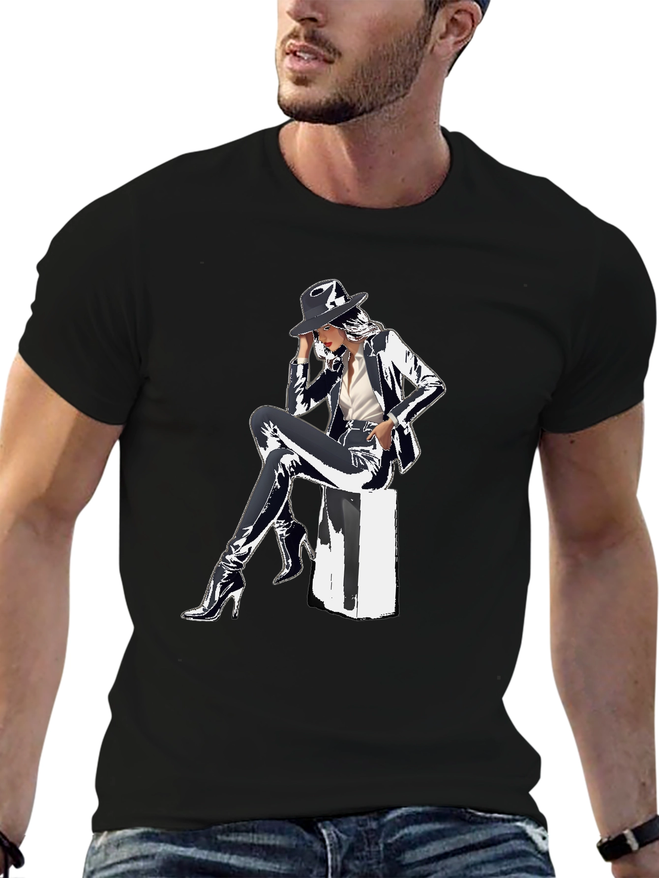 Black Sleek Graphic Tee - Woman in Shiny Suit view 6